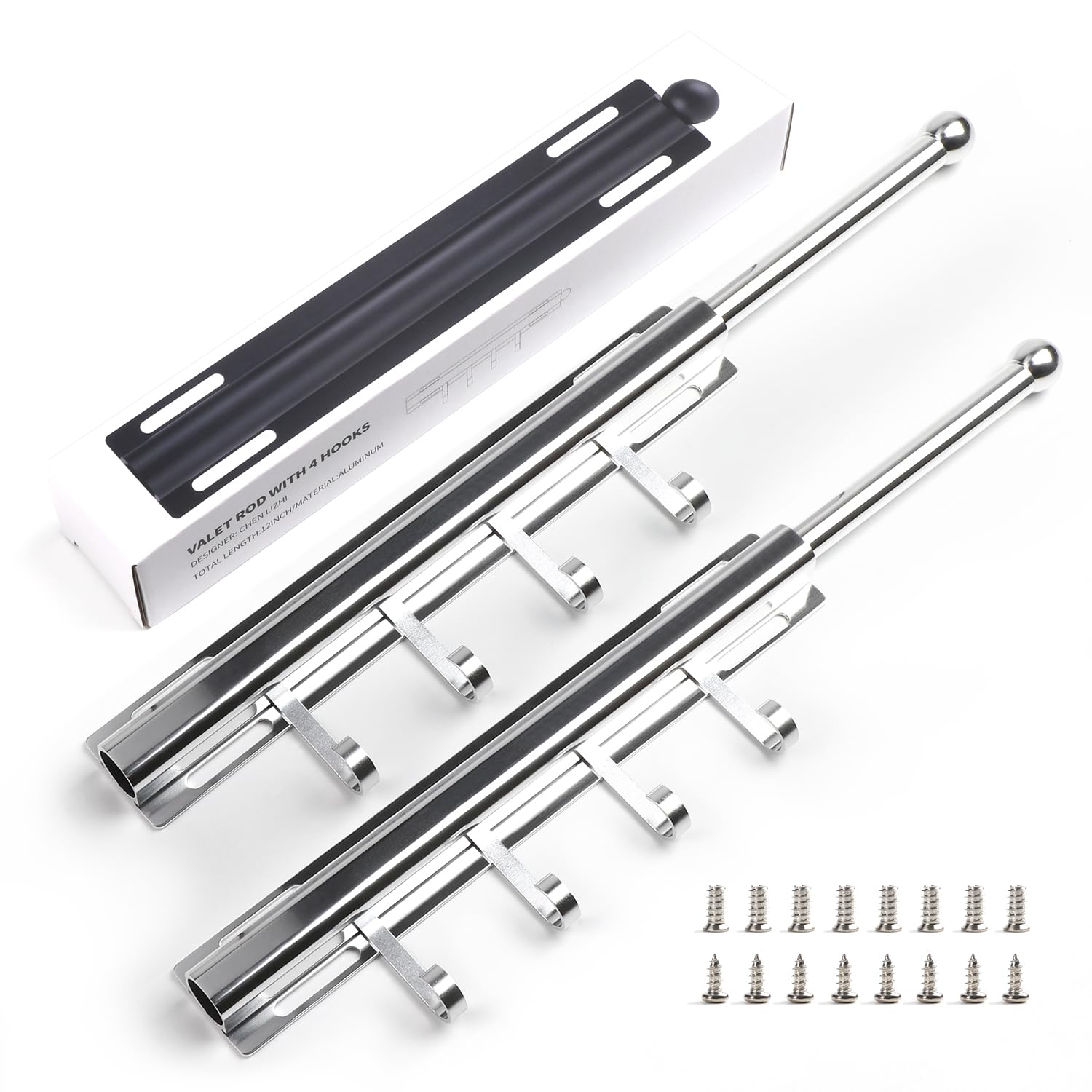 BaiNong Valet Rod for Closets Pull Out 12" Silver with 4 Hooks (2Pack)