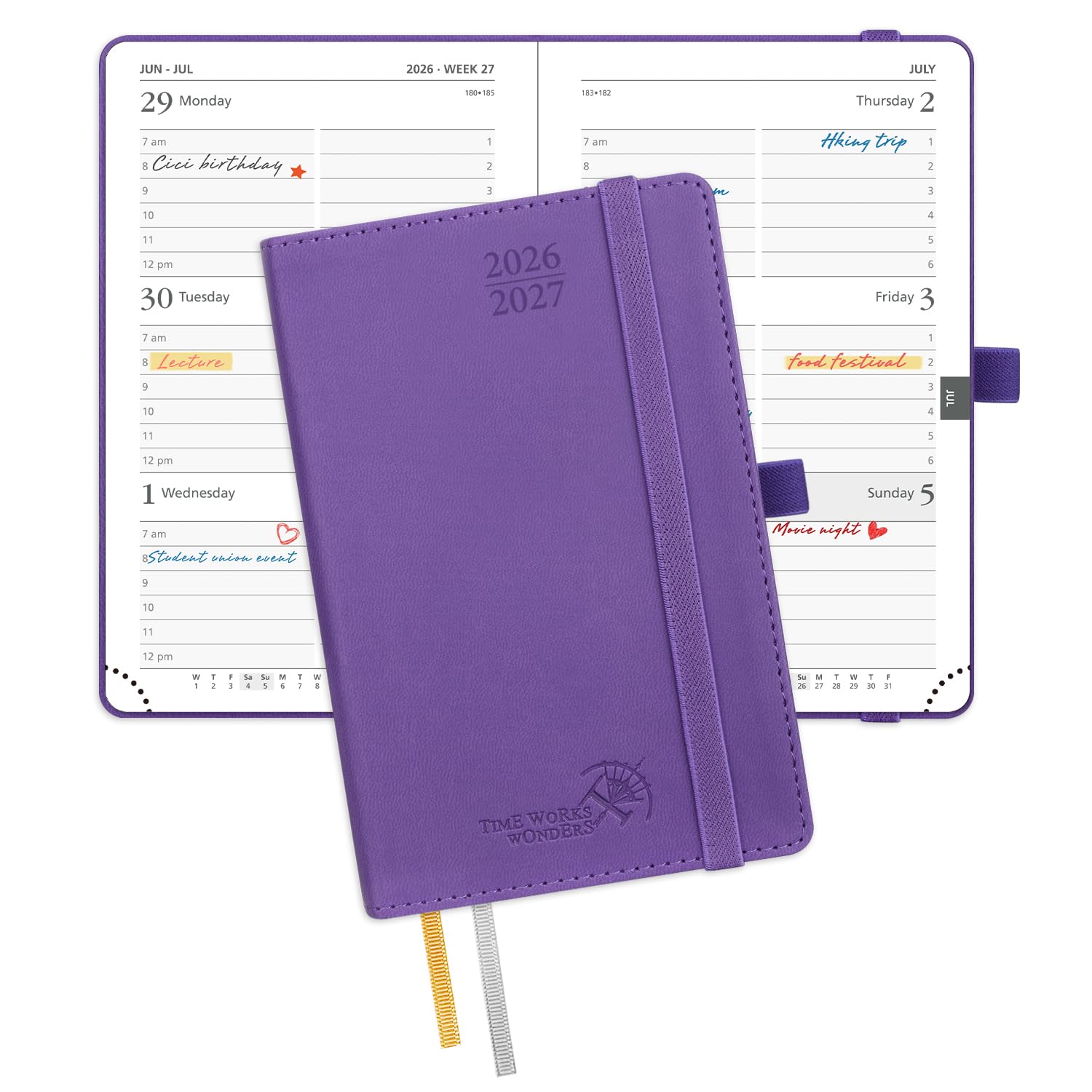 POPRUN Pocket Planner 2026-2027, Purse Size-4" x 6.25", Pocket Calendar (July 2026-June 2027) for Purse, Academic Small Weekly Planner with Hourly Slots, Leather Soft Cover, 100GSM - Purple