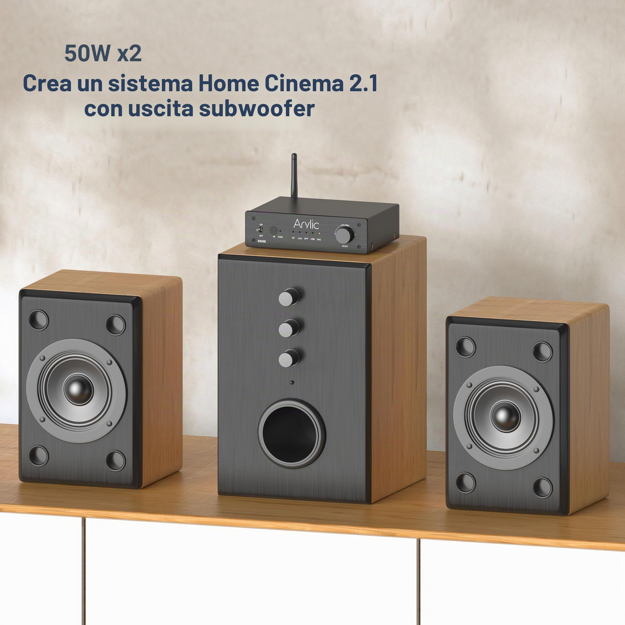 Bluetooth 5.1 Stereo Ricevitore 2.1 Canali Mini Classe D Amplificatore integrato per altoparlanti domestici 50W x 2,stabile e remoto, applicazione Go Control e Easy Control EQ-B50SE.