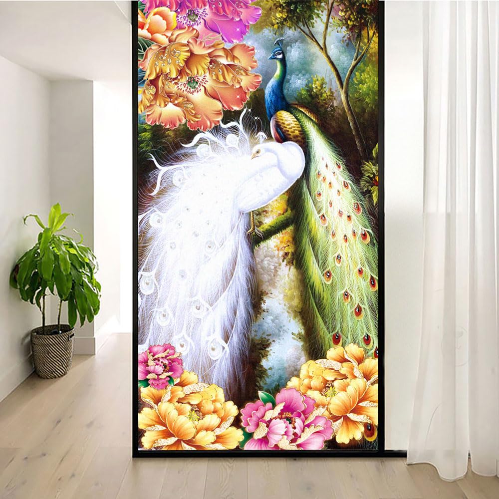 Pellicola Per Finestre Decorativa Con Pavone, Adesiva Senza Colla, Effetto Vetro Macchiato, Controllo UV E Calore, 35x70 Cm
