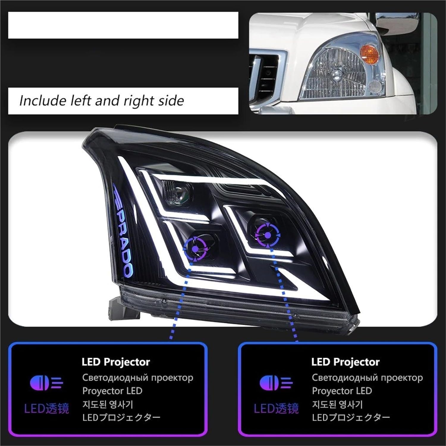 For Toyota For Prado 2004-2009 LC120 Headlights DRL Head Lamp 12V H7 Lens Bi Xenon Bulbs Fog Lights Car Decoration Accessory Headlights(Full /2 Lights)
