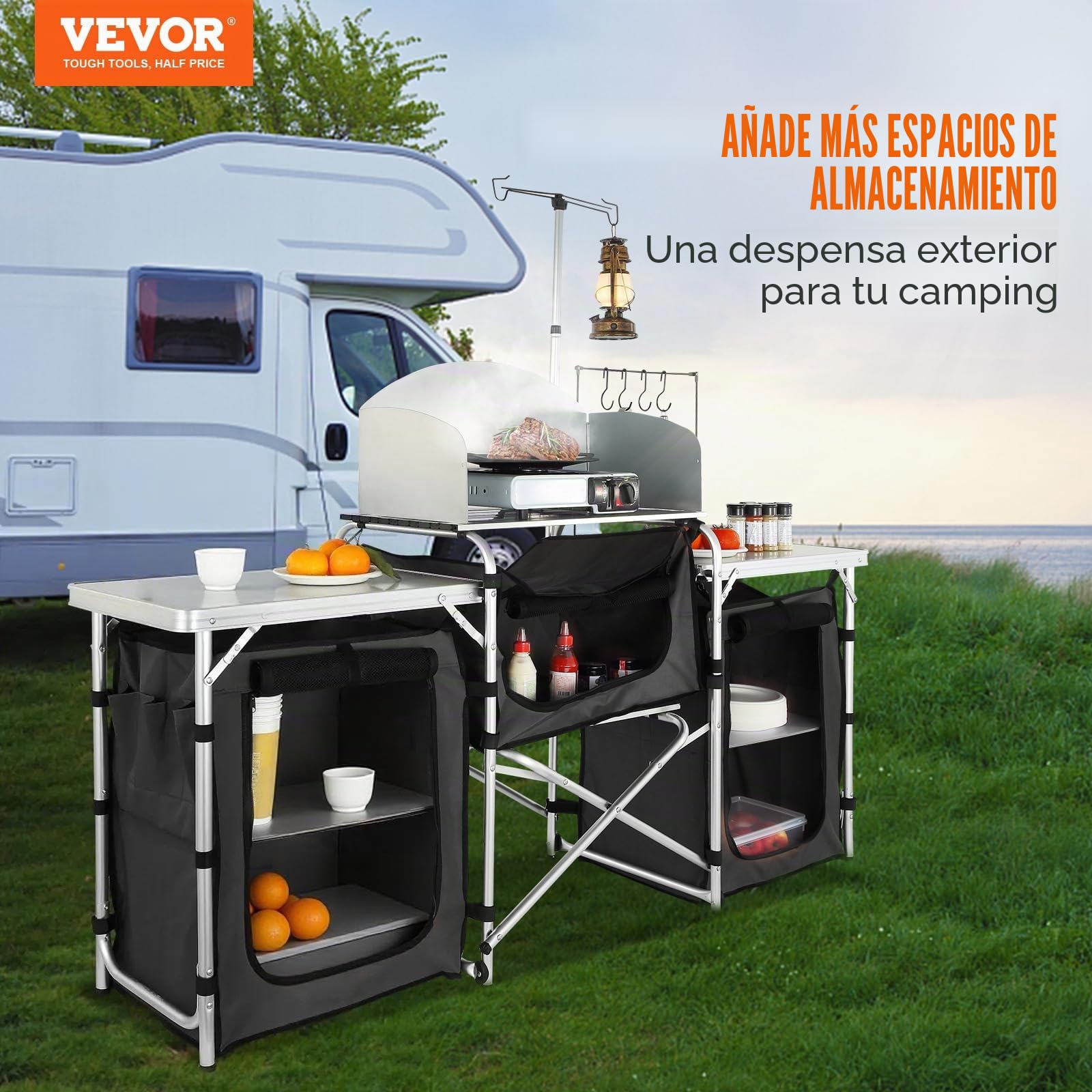 VEVOR Mueble de Cocina para Camping 174x176x46 cm Armario de Camping Plegable Portátil Estructura de Aluminio Altura Ajustable Mesa de Cocina para Acampar con Bolsa de Transporte para Barbacoa, Negro