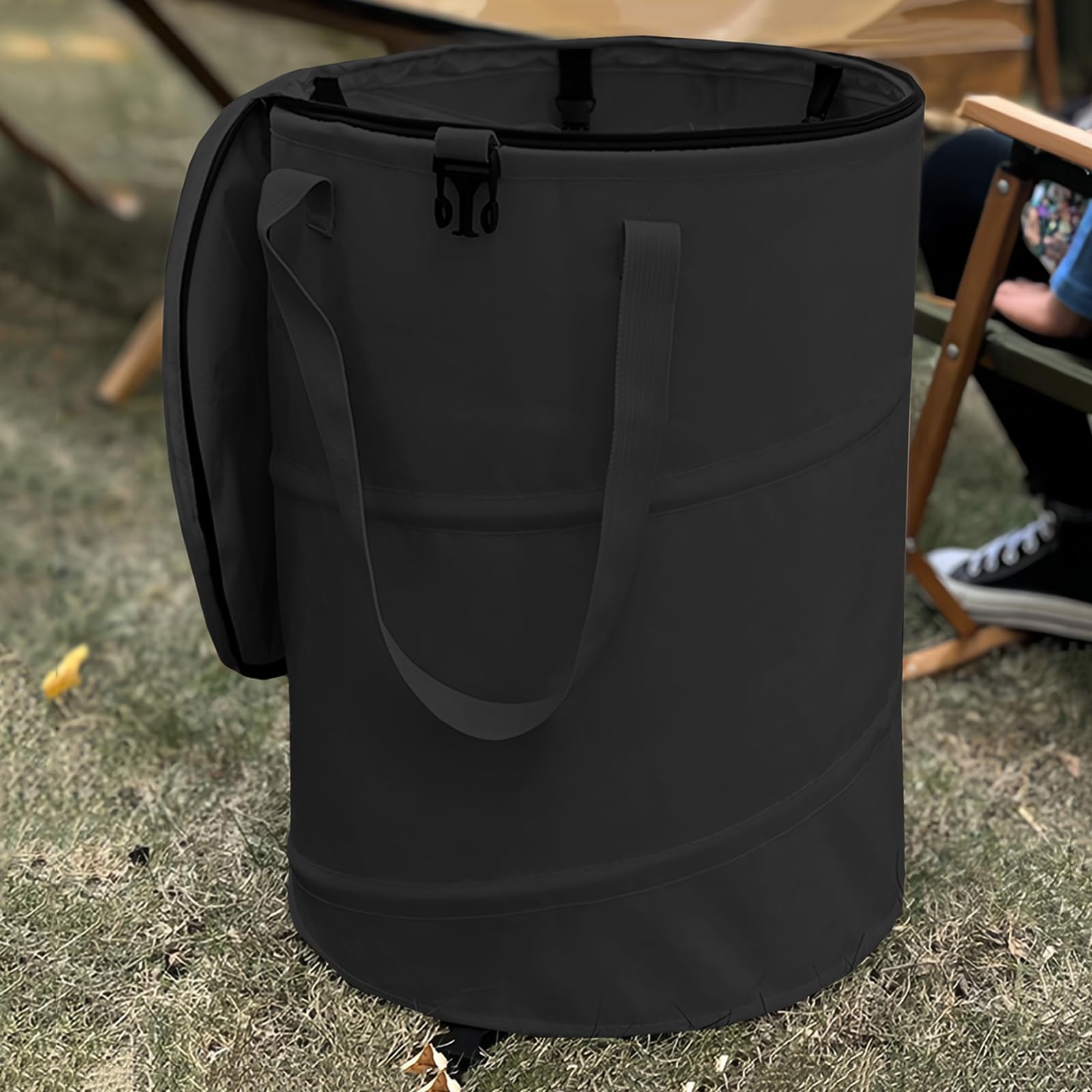QJXX Pop up Camping Trash can with lid,Collapsible 24 Gallons Trash can with Sorting Clips,Garden Garbage Bag with Lid,Lawn and Leaf Bags - Reusable Yard Waste Bags (Black)