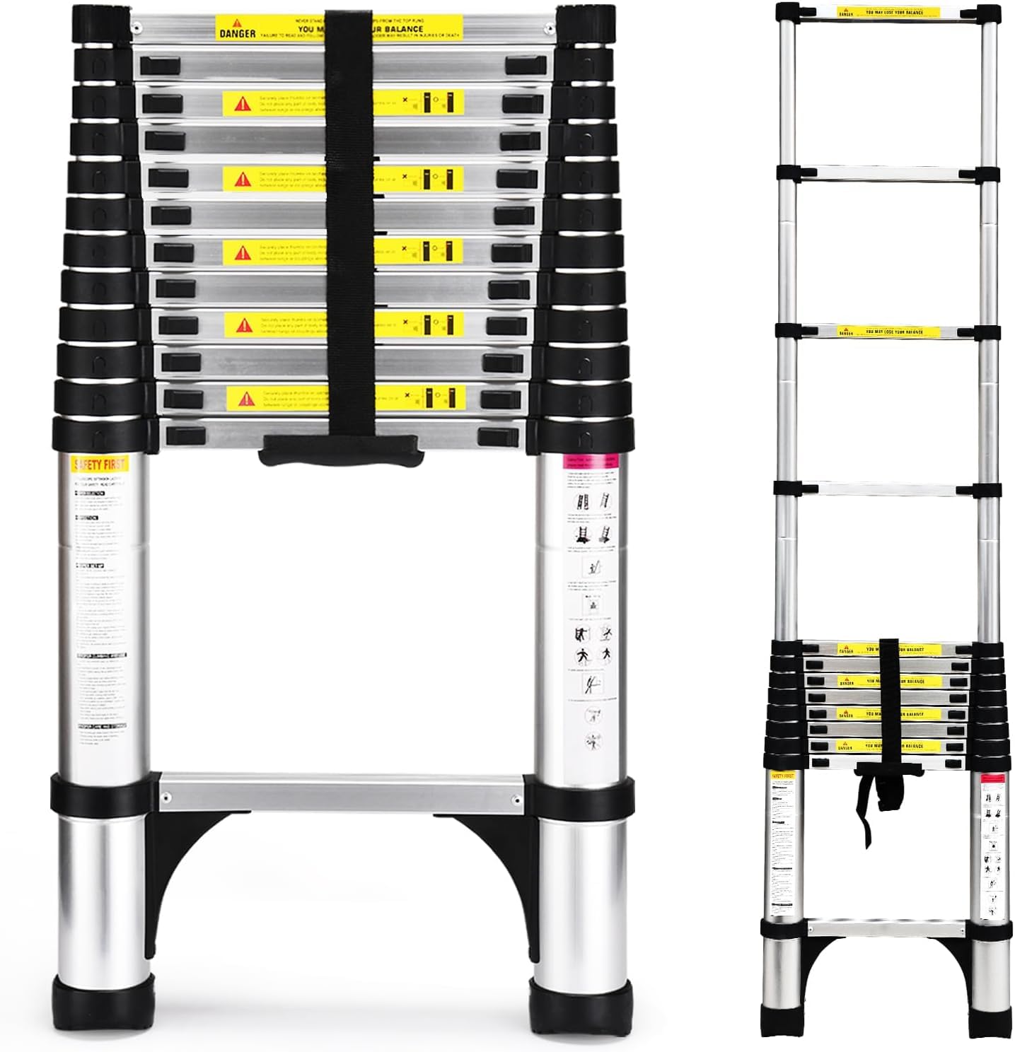 Telescoping Ladder, Soctone 12.5 Ft Aluminum Lightweight Extension Ladder with 2 Triangle Stabilizers, Heavy Duty 330lbs Max Capacity, Multi-Purpose Collapsible Ladder for RV or Outdoor Work