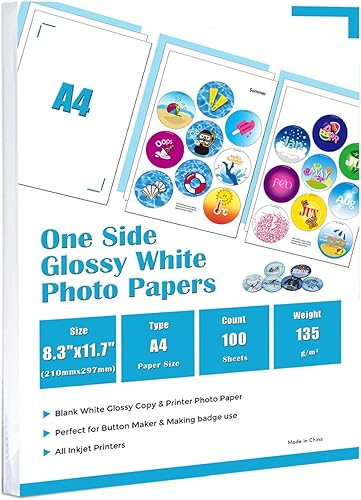 ChiButtons Papel fotográfico brillante de un lado A4 (4.76 oz) 100 hojas (especialmente para el uso del fabricante de botones)