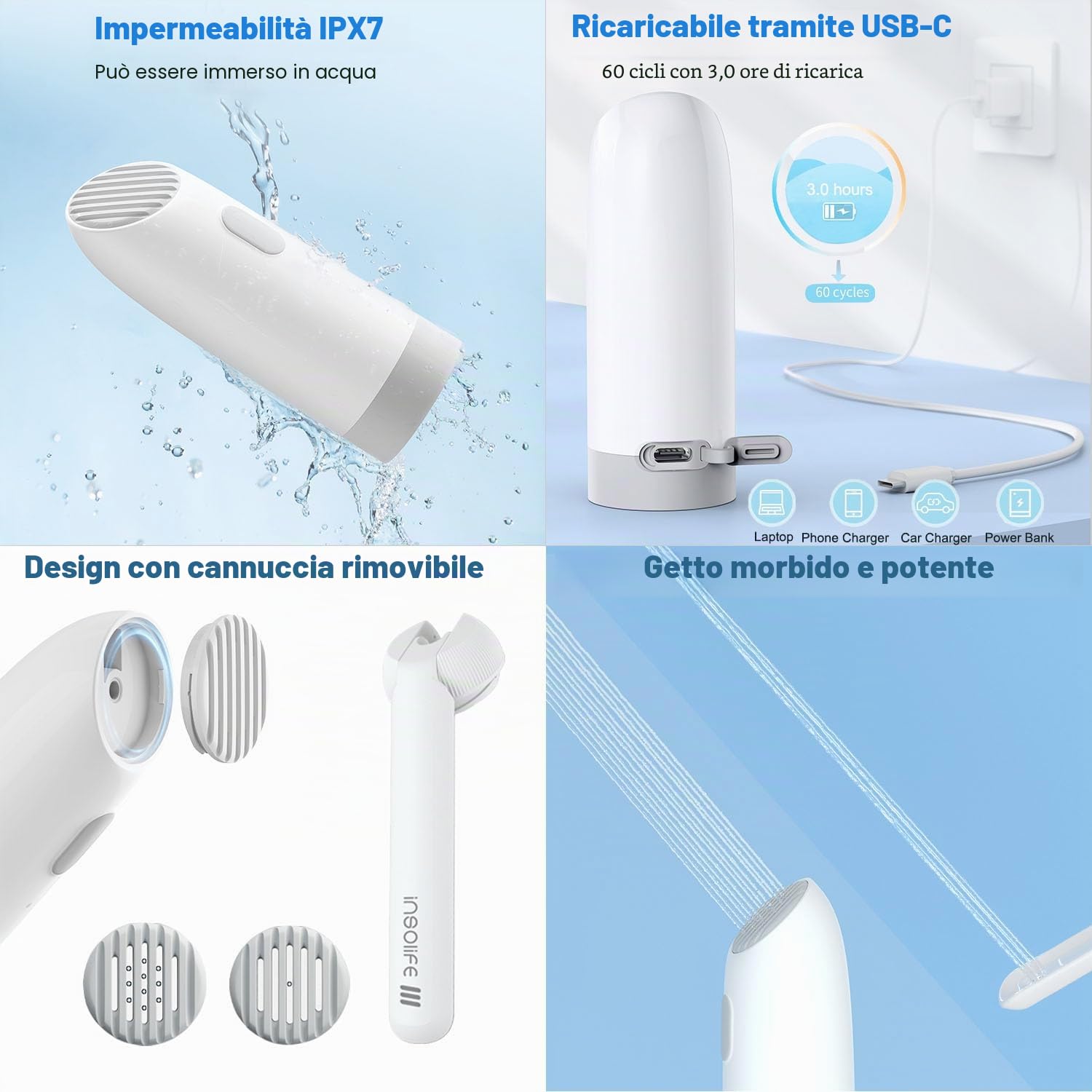 insolife Bidet portatile di terza generazione, bidet da viaggio elettrico ad alta pressione, per uomini e donne, per la pulizia dell'igiene, bidet da viaggio portatile (bianco)