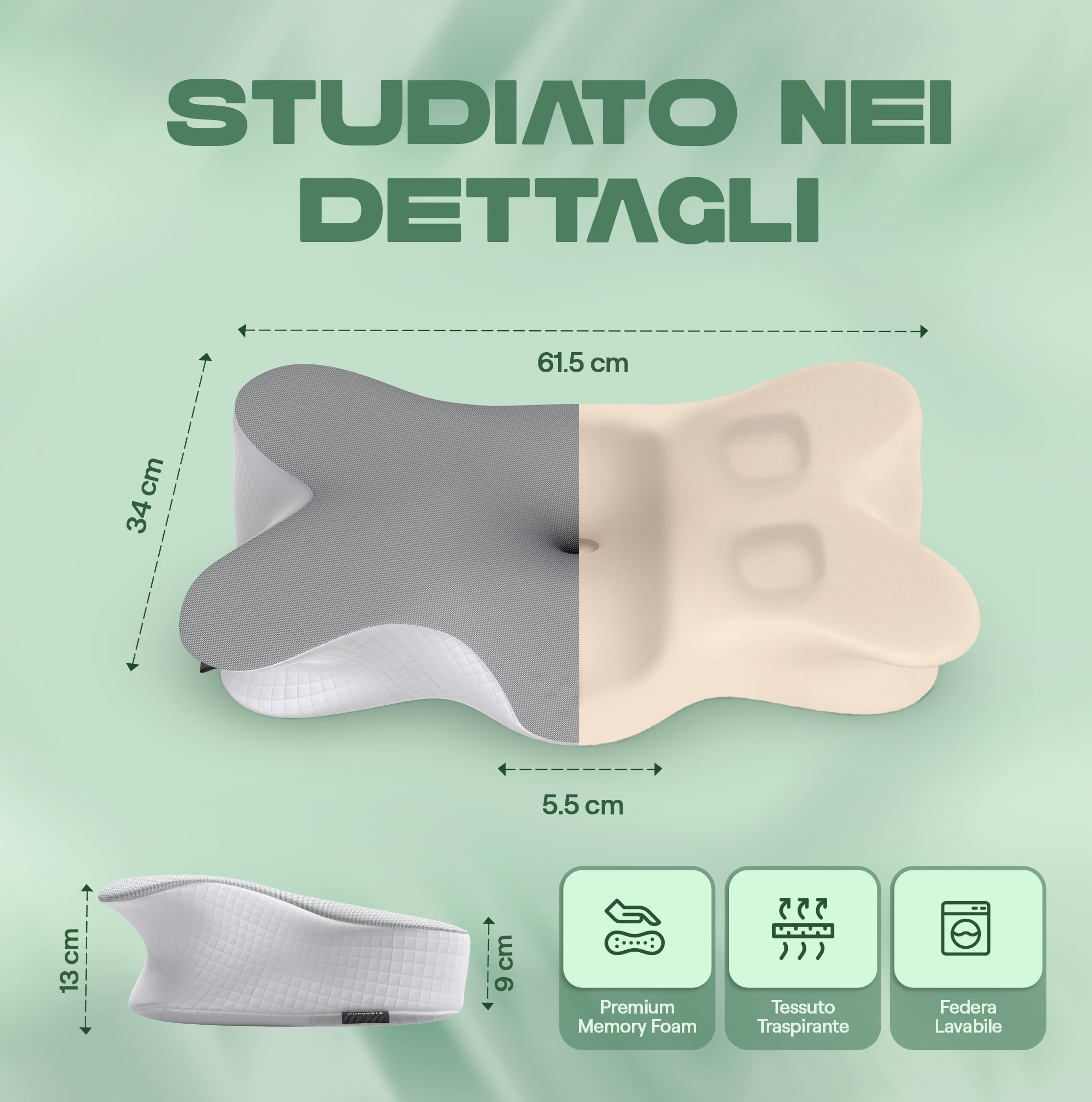 Linea Vertebra™ Cuscino Cervicale per Dormire - Cuscino Ergonomico con 2 Livelli di Altezza in Memory Foam - Cuscino Antirussamento con Federa Sfoderabile e Lavabile