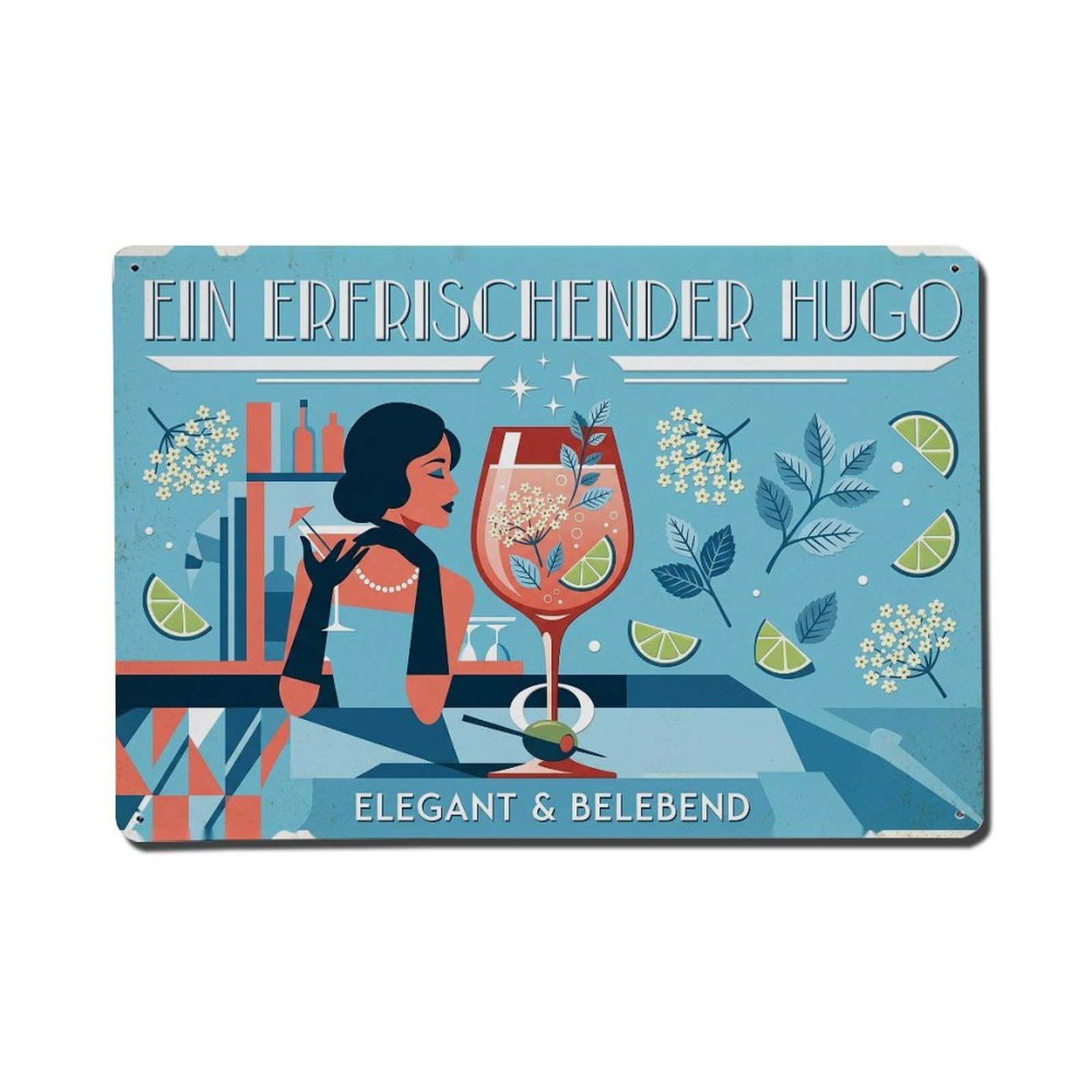 Hugo Friends Gathering Vintage Drink Recipe Mixology Metal Tin Sign Plaque Wall Decor for Cafe, Man Cave, Club Bar, Office, Home Garden Round Metal Poster 8x12Inch
