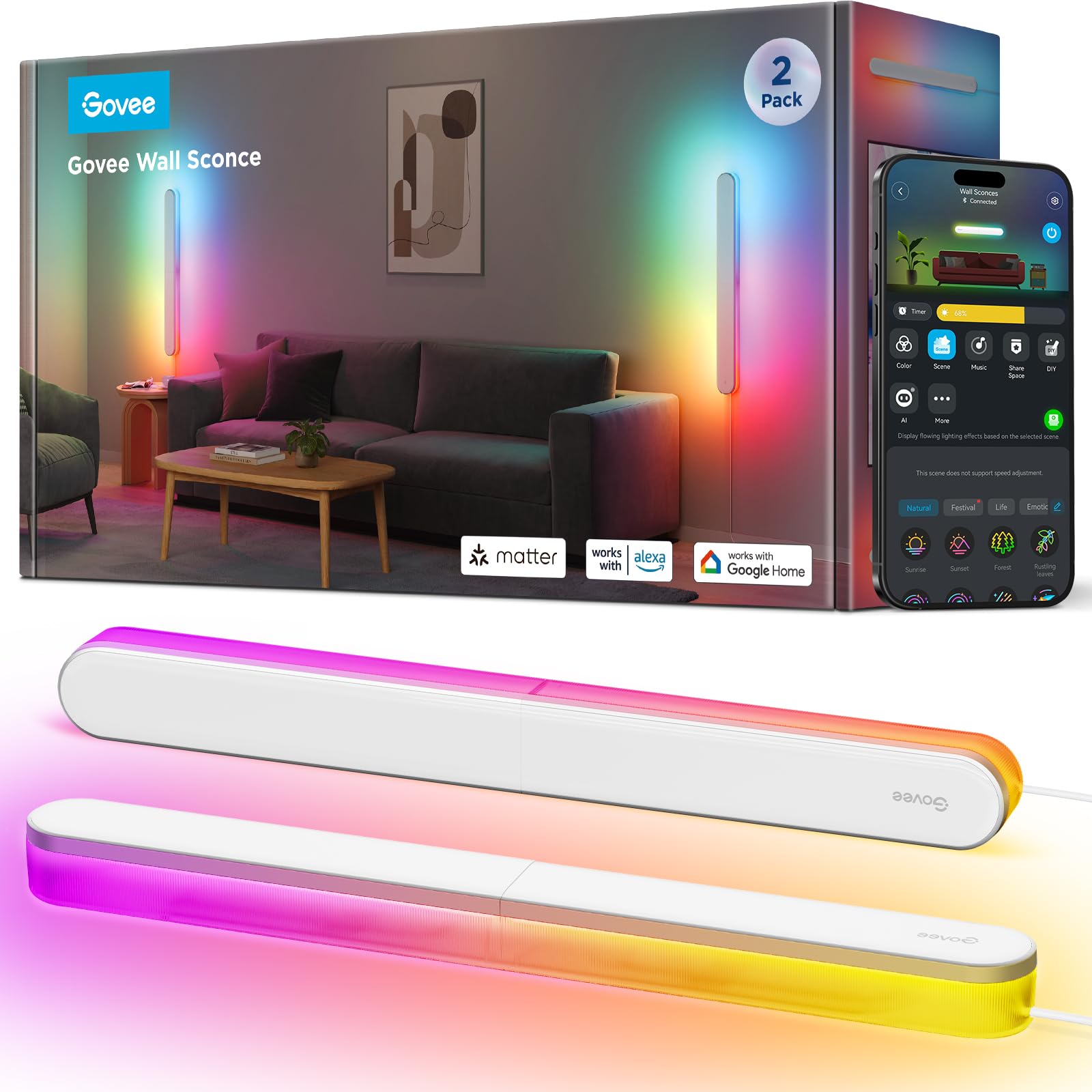 Govee RGBICW Wandleuchte Innen 1200lm Smart LED Wandlampe Musik-Sync 2Stück | Smart Wandleuchte Kompatibel mit Matter, Alexa & Google Assistant, Indirekte Beleuchtung für Wohnzimmer, Treppe, Flur