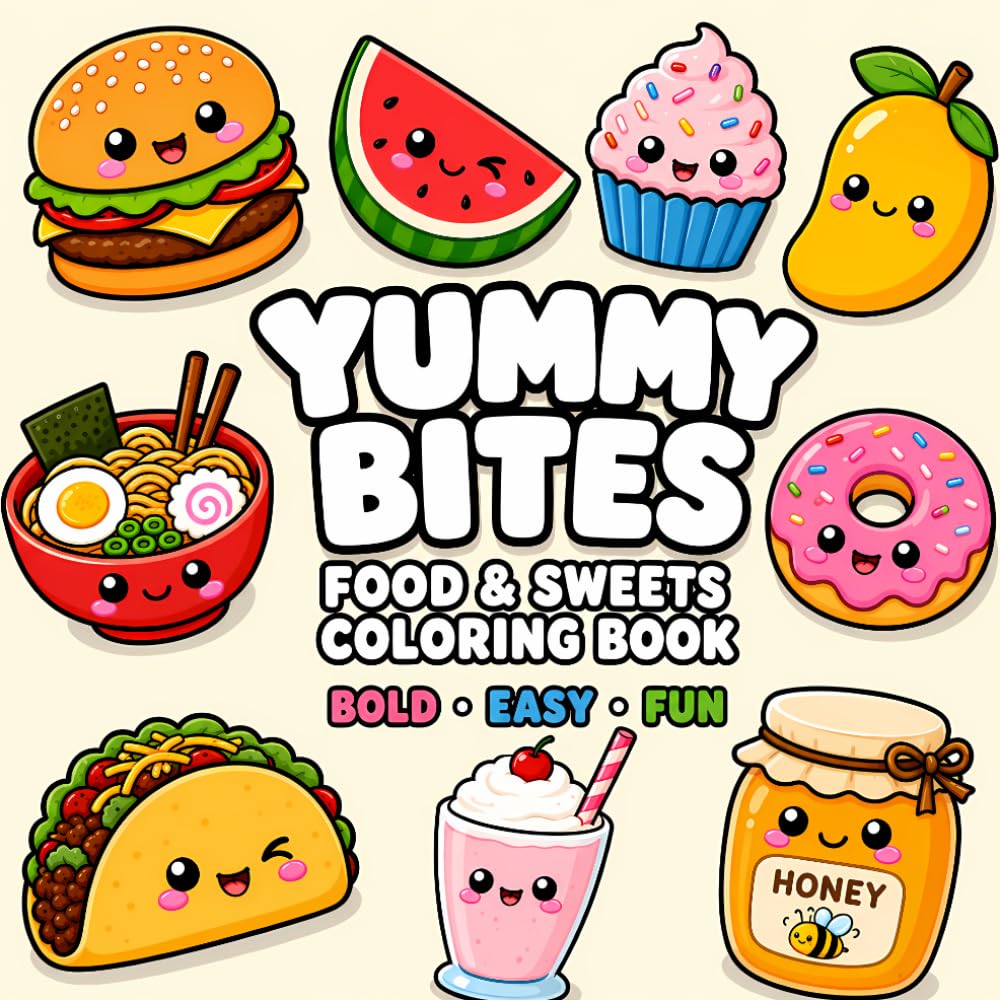 Yummy Bites: Coloring Book for Adults and Kids, Bold and Easy, Big and Simple Designs for Stress Relief and Relaxation Featuring Cute Foods, Drinks, ... and Fruits (Bold & Easy Coloring Series)