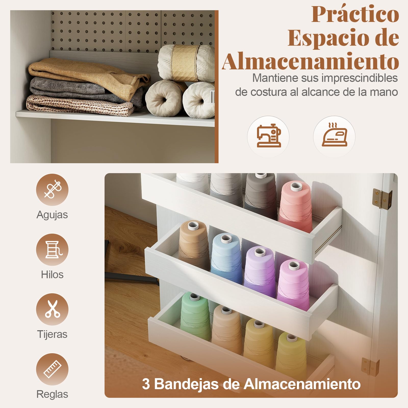 COSTWAY Mesa de Costura Plegable con Estación de Carga, con Estantes y Contenedores, Gabinete de Almacenamiento Rodante Multifuncional con Ruedas Bloqueables para Hogar, Dormitorio (Blanco)