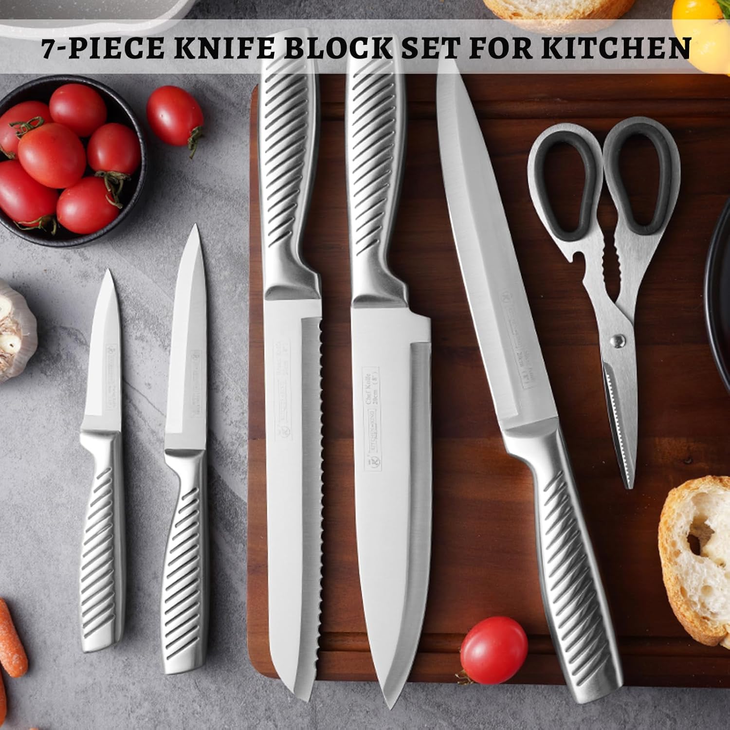 Kitchen Knife Set, 7-Piece Knife Block Set with Anti-slip Knife Handle, Sharp Knife Set for Kitchen with Universal Block, Stainless Steel Blades for Professional Cutting,Apartment Essentials (Silver)