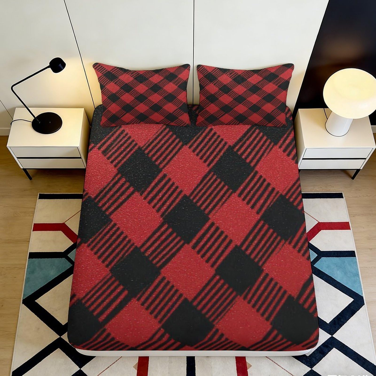 3D Printed Red Plaid Fitted Sheet Microfiber Soft Breathable Black Check Mattress Cover for Bedroom Dorm Mattress Protection Decor 120x200x25cm