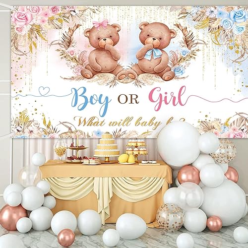 Miniatura 6 de Pancarta de revelación de género de oso bohemio, telón de fondo para niño o niña, para baby shower, suministros de decoración de fiesta de baby