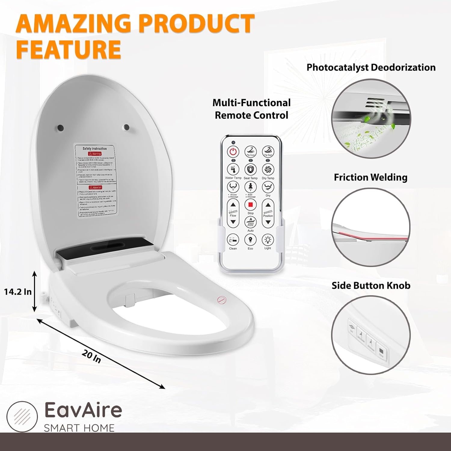 Electric Smart Toilet Seat Bidet with Slow Close Lid Cover, Instant Heated Seat, LCD, Adjustable Water Pressure & Temperature, Dual Positions, Self-Cleaning Nozzle, Night Light- Elongated