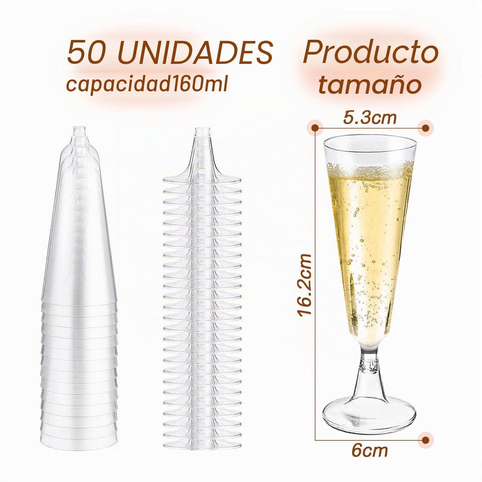 50 Copas de Champán de Plástico, 160ml Copas de Cava Reutilizables, Vasos de Champagne Plastico para Cócteles, Vino, Postres - Flautas de Champán para Bodas, Fiestas