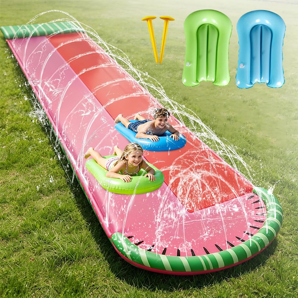 Pista Scivolo Acqua Doppio Da Giardino,480 X 140Cm Doppio Scivolo Ad Acqua Con 3 Bodyboard E Irrigatore,Scivolo D'acqua Doppio per Prato,Scivolo Da Giardino Estivo,Attività Acquatiche All'Aperto