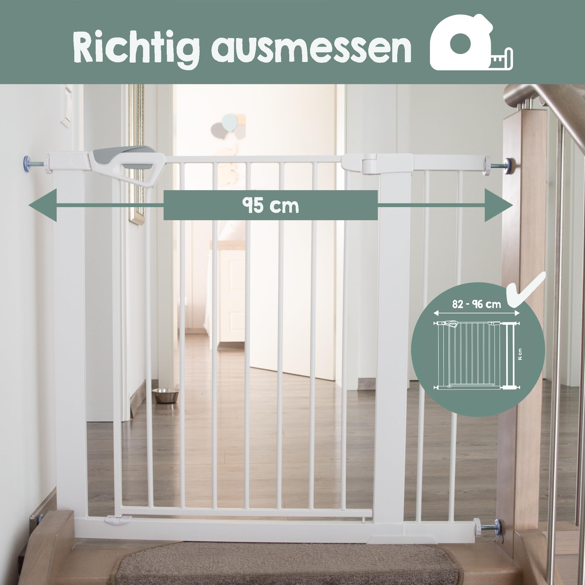 roba barrera de seguridad easySafe+ para puertas y escaleras metal ajustable 75-82 cm extensible hasta 110 cm TÜV cierre con indicador tope 90° sin taladrar para niños 0-24 meses blanco