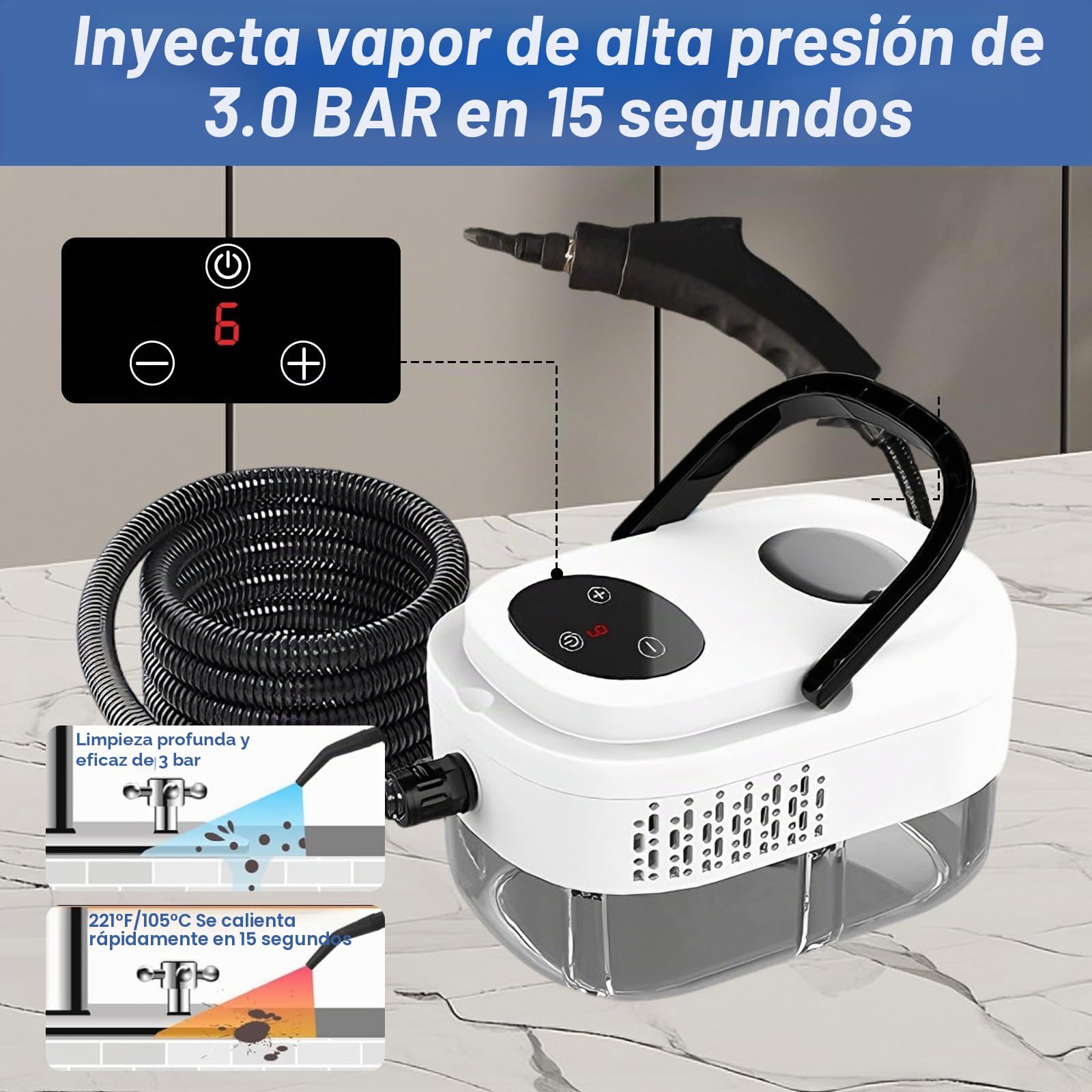 Limpiador a Vapor, 2500 W 3.0BAR Vaporeta Limpieza Hogar Potente con 3 Cabezales de Cepillo, Vaporeta Limpieza Hogar Portátil con Tanque Agua de 1000ml para Cocina Baño Azulejos y Coche