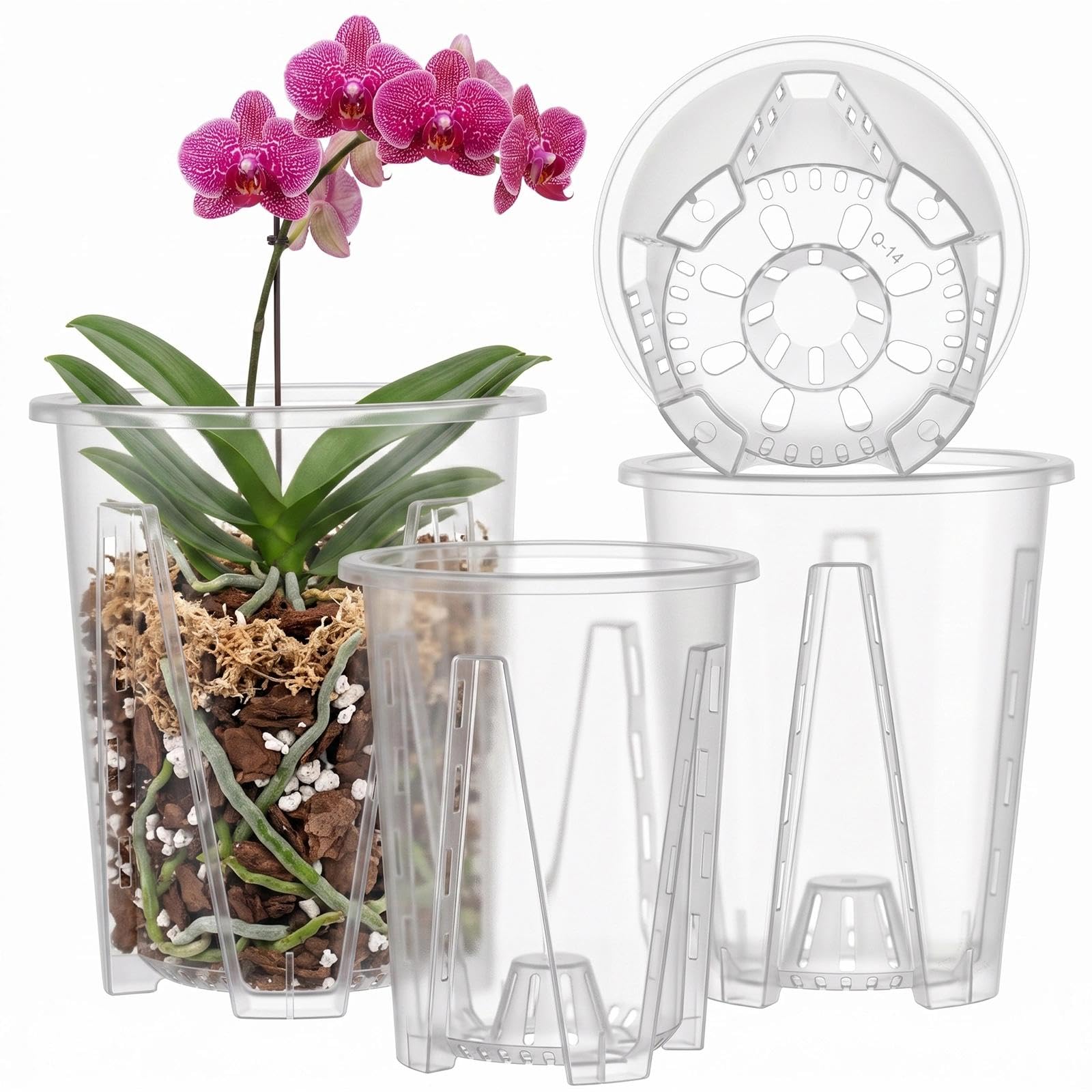 Heryson 8 Pcs Transparent Plastic Orchid Pots with Matching Saucers, Breathable Slotted Drainage Nursery Pots for Orchids, Succulents, Cacti, Peace Lilies and Indoor Houseplants