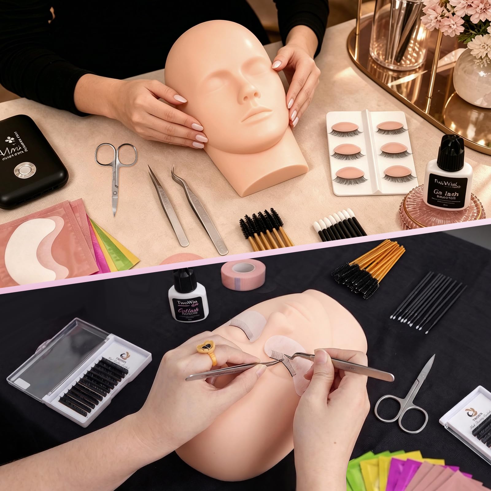 TwoWin Wimpernverlängerungs Set with 4 pairs Removable Eyelids, Eyelash Extension Kit, Professionelle Wimpern Mannequin Kopf Set, Wimpern Extensions Set, Wimpernverlängerung Starterset