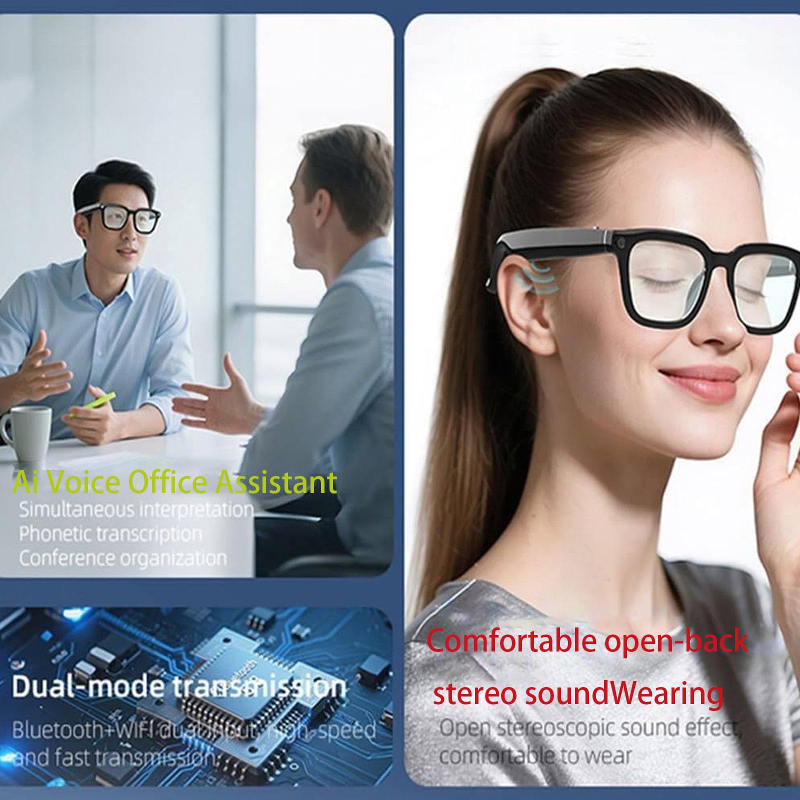 Occhiali intelligenti con fotocamera, registrazione video HD 1080p, traduzione multilingue, audio wireless, riconoscimento oggetti, lenti fotocromatiche per viaggi e uso esterno