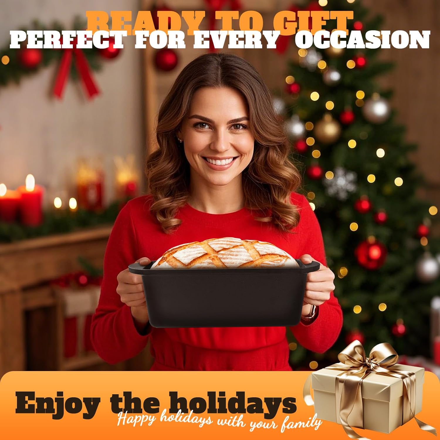 Rectangular Cast Iron Dutch Oven for Bread Baking, Cast Iron Sourdough Bread Pan with Lid Handles Lame, Even Heat Bread Baking Pan for Homemade Bread Cake Meatloaf, 3.2QT - Image 7