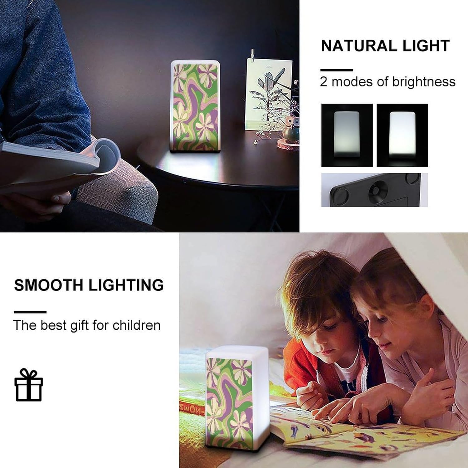Cordless Night Light Battery Powered Dimmable Lamp for Reading Flowers Retro Pattern Small Desk Lamp for Bedroom Living Room Office