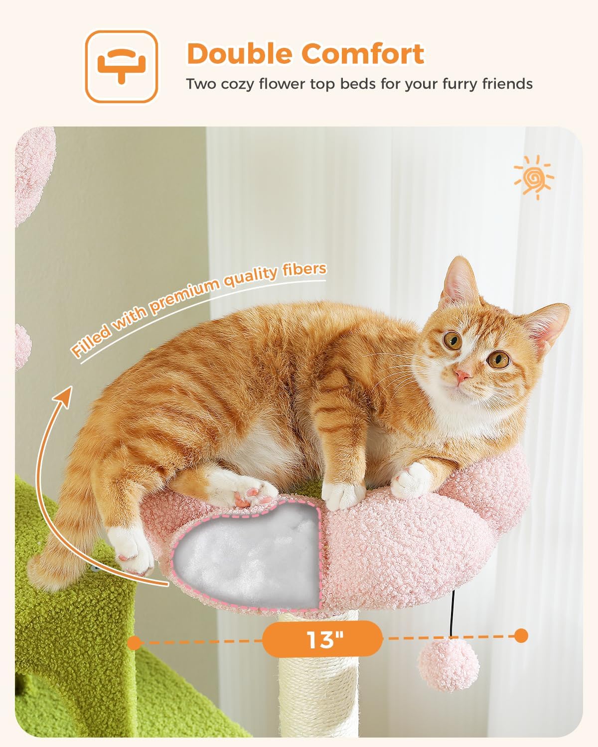 MUTTROS Flower Cat Tree, 70.9" Tall Tree for Indoor Cats, Large Tree for Large Cats, Multi-Level Tower with 6 Scratching Posts, 2 Condos, 2 Perches, Hammock, Pompoms, Pink