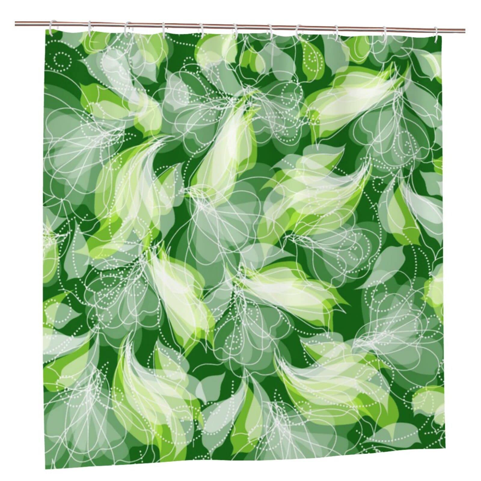 Rideau de douche imperméable lavable motif feuille verte 183 cm avec anneaux de fixation