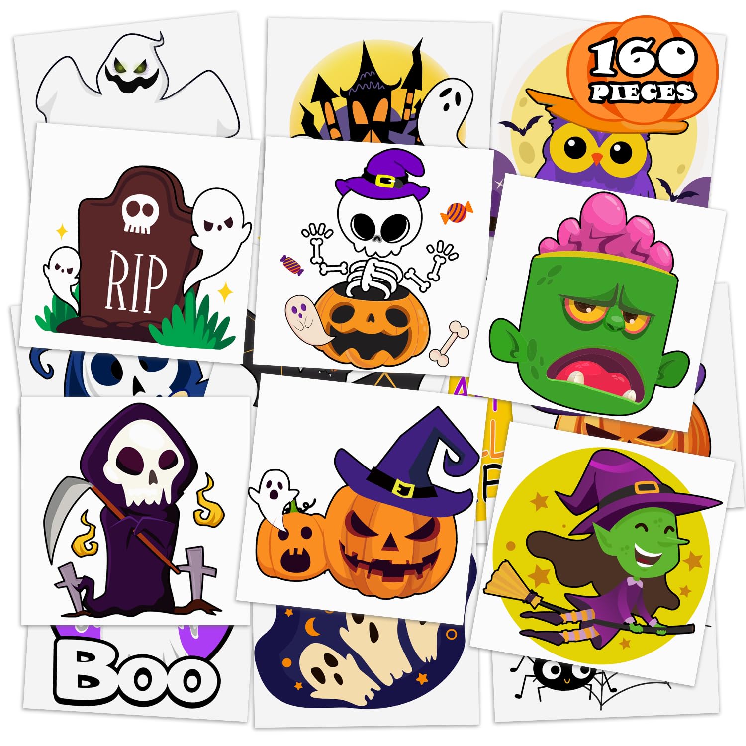 OLIKER Halloween Tattoos for Kids, Individually Wrapped Glow In the Dark Kids Tattoos Luminous Halloween Temporary Tattoos Stickers Party Decorations Supplies (not glow-160pcs)