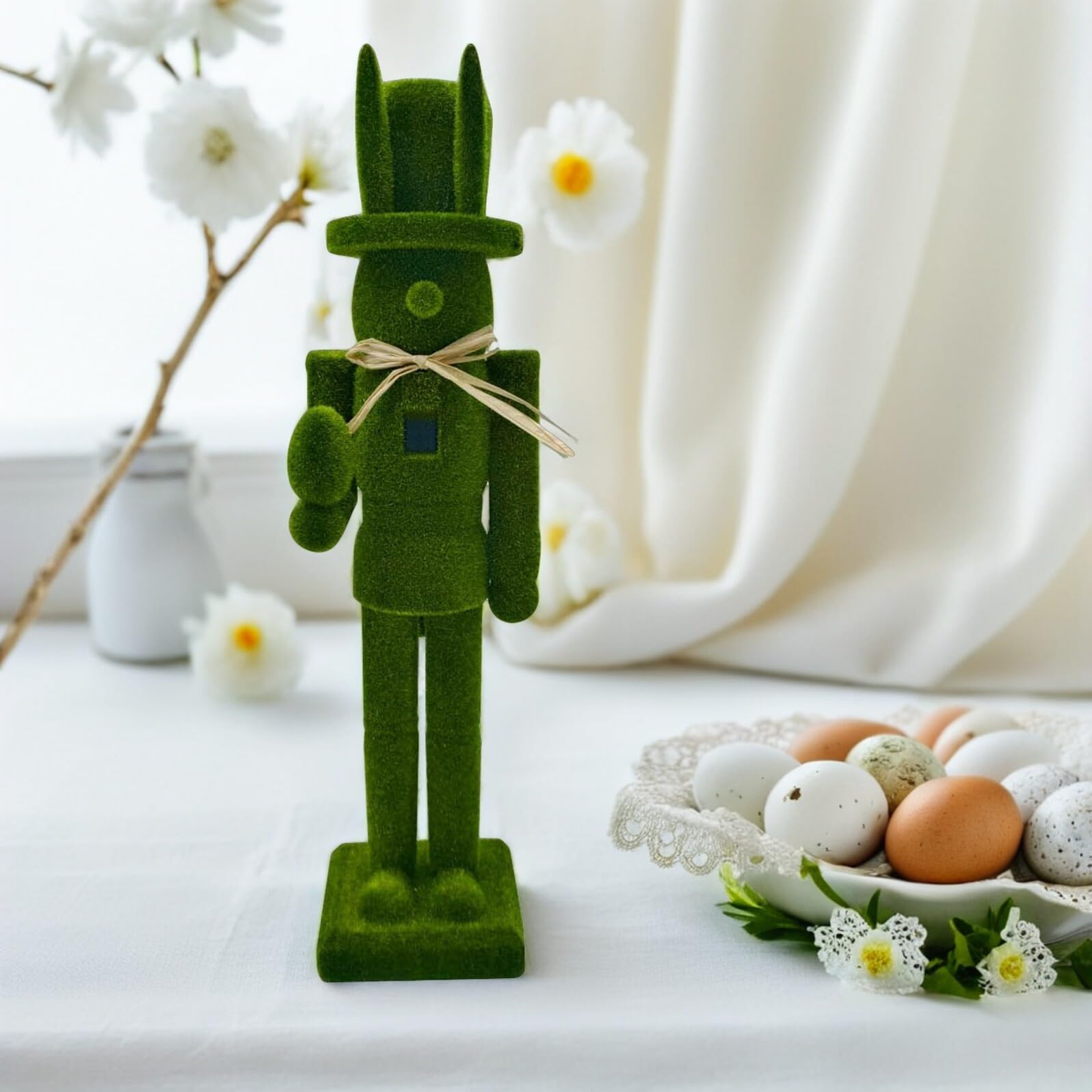 DOITOOL Osterhase Nussknacker Figur 38,5cm Holz mit Beflockung Traditionelle Nussknacker Tischdeko für Drinnen und Draußen