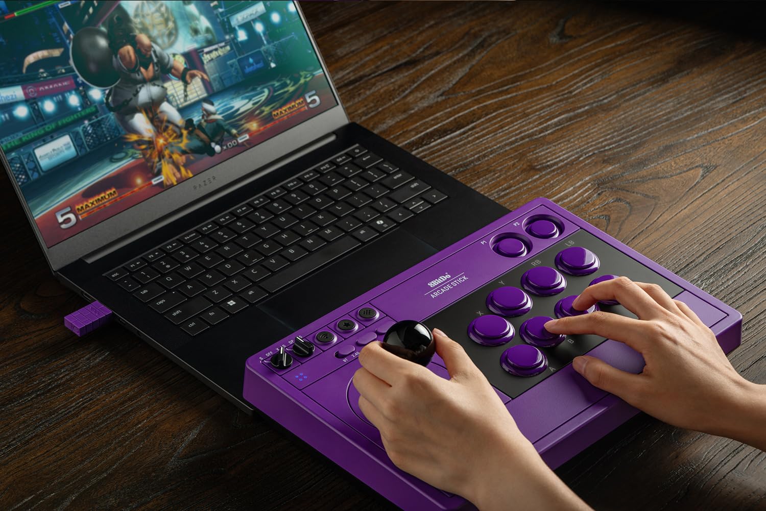 8Bitdo Arcade Stick for Switch/Switch 2 & Windows PC, Wireless Bluetooth, 2.4G Adapter & Wired USB-C Arcade Fight Stick, Dynamic Button Layout, Macro Buttons, Turbo Functionality - Purple