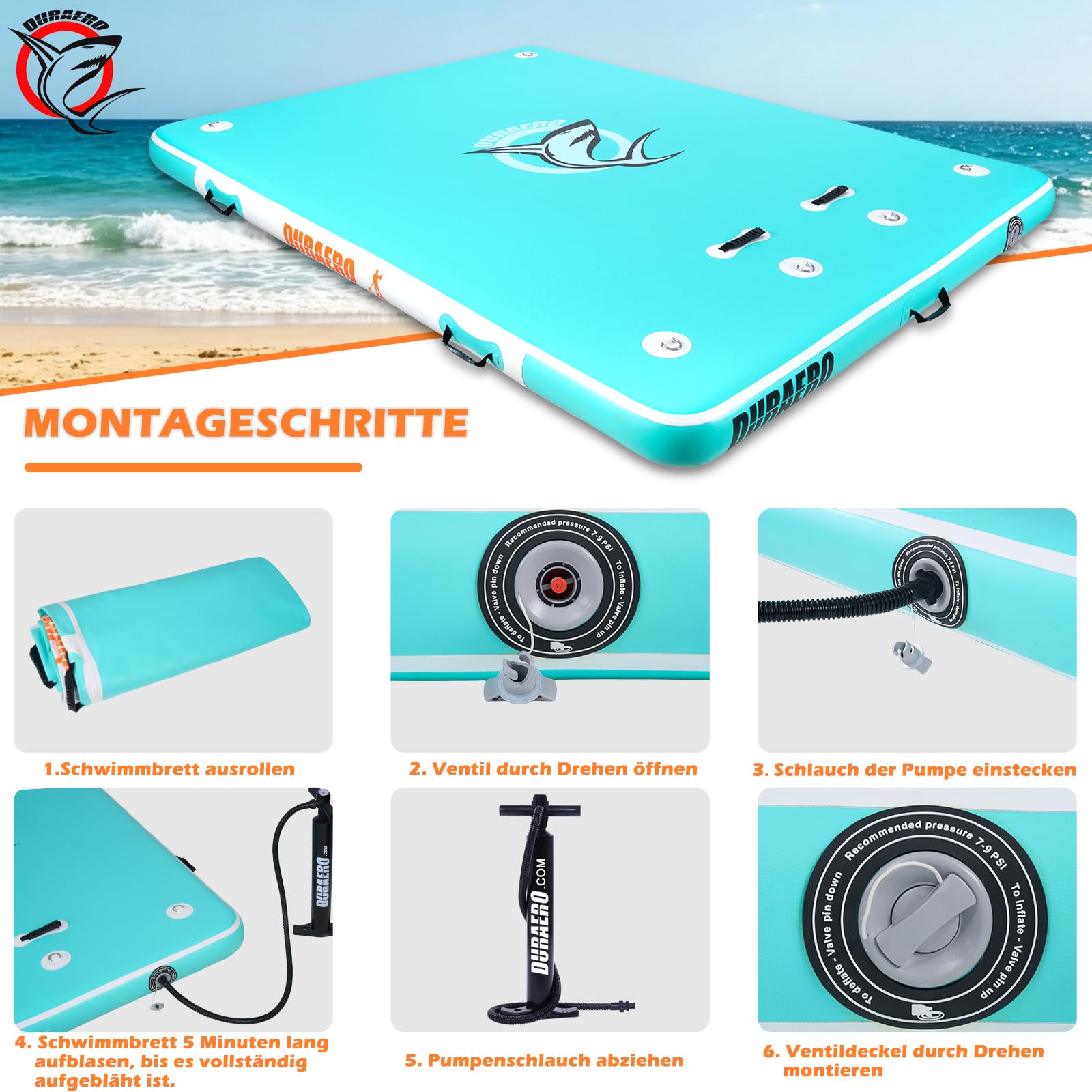 DURAERO Plataforma Flotante Hinchable 240 x 180 x 15 cm, Plataforma de Baño hasta 4 Personas, Floating Dock de PVC Drop-Stitch para Barco, Lago y Piscina, con Escalera, Bomba y Kit de Reparación