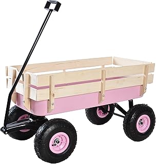 ZeHuoGe Outdoor Sport Pink Wagon All Terrain Pulling w/Removable Wooden Side Panels Air Tires Big Foot Panel Wagon, Pull-Along Wagons (Pink)