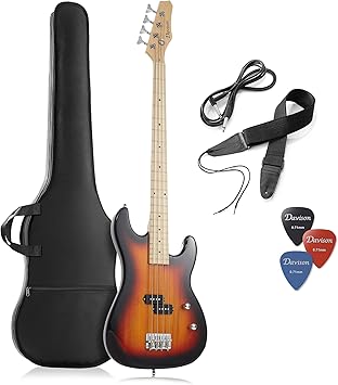 Davison Guitars Guitars 4-String Electric Bass Guitar, Sunburst - Full Size Right Handed Beginner Kit with Gig Bag and Accessories