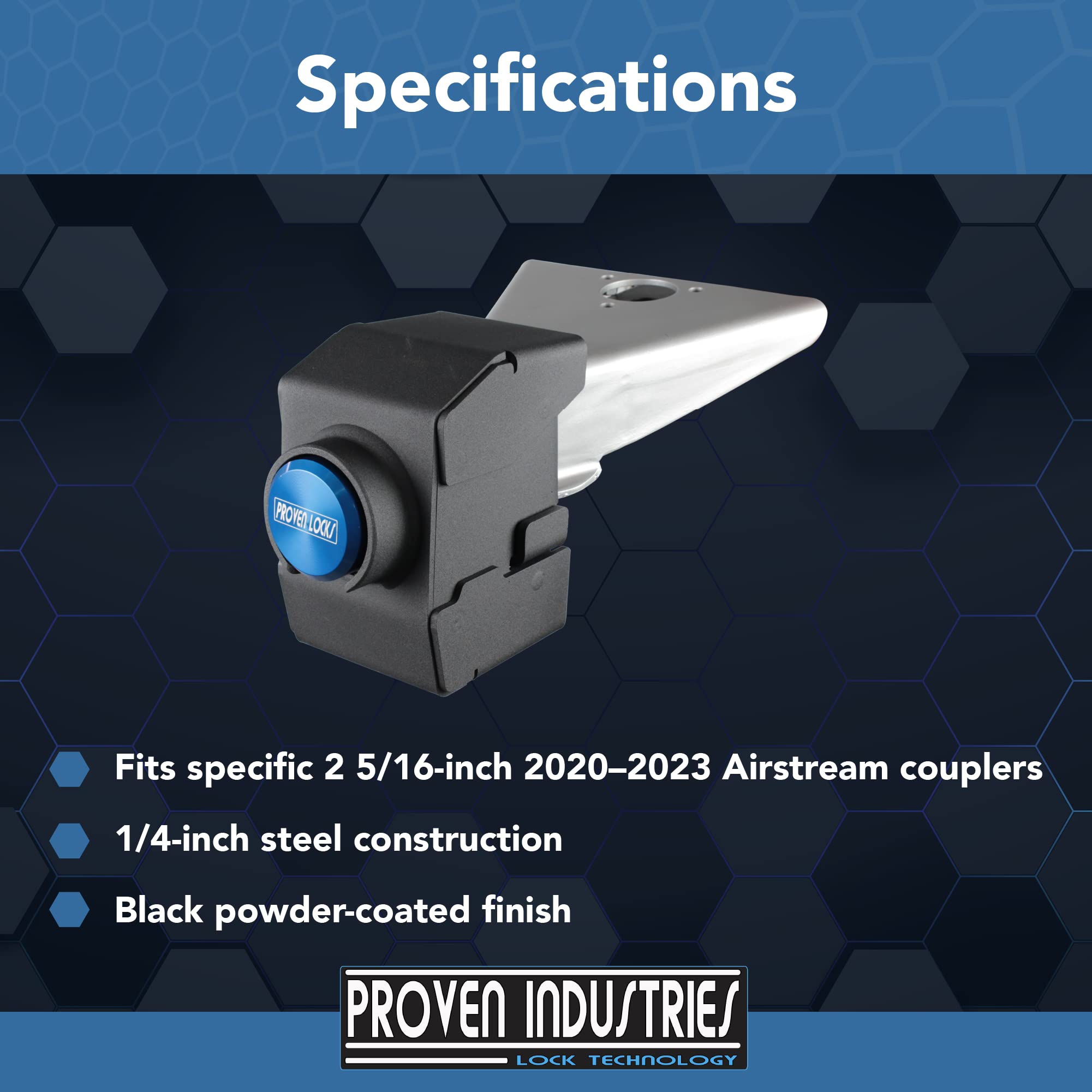 Proven Industries Model 2517-AS Trailer Lock, Fits (2020 or Newer) 2 5/16-Inch Airstream Couplers, Made in The USA (Blue)