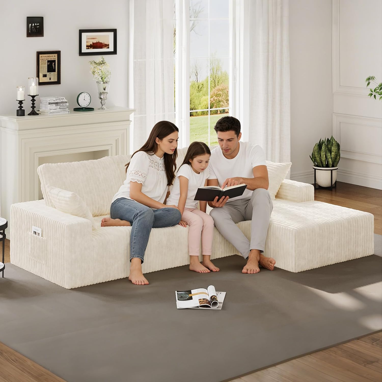 107" L Shape Sectional Sofa Bed, 3 Seat Boneless Cloud Couch, Oversized Chaise Lounge, Modular Couches for Living Room, Office, Apartment - Right Facing Chaise (White)