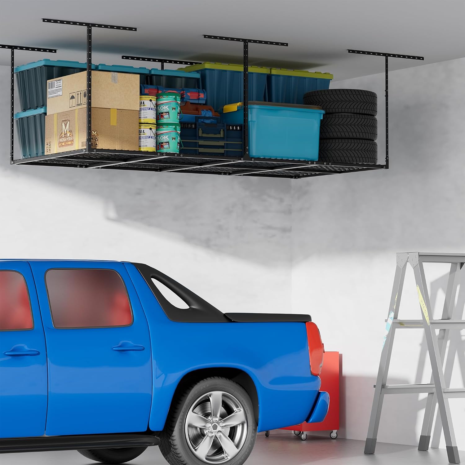 Overhead Garage Storage Rack,3x8 FT Height-Adjustable Garage Shelving,Heavy-Duty 600LB Rated Organizer with Side Guardrails for Home & Workshop