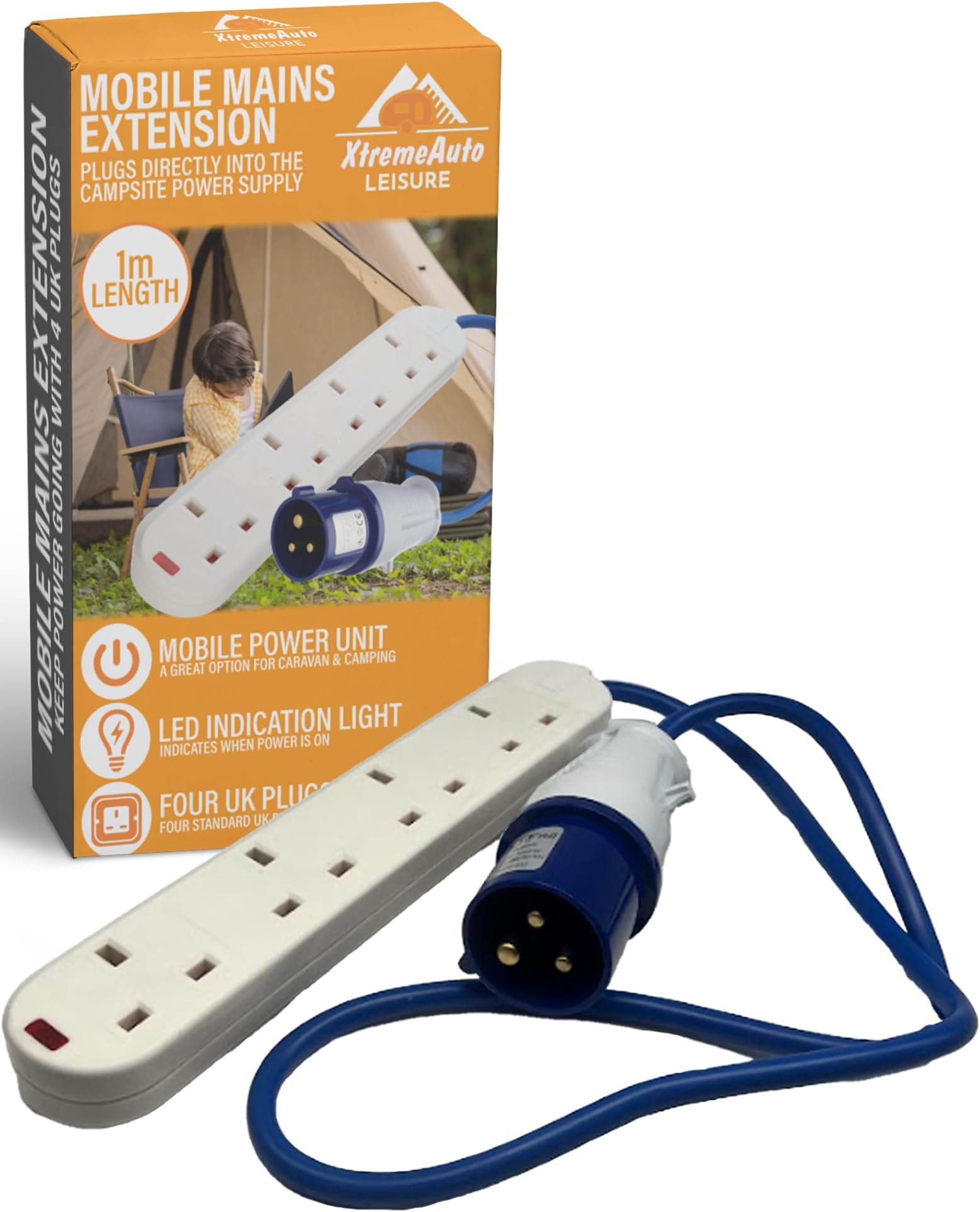Camping Electric Hook Up Cable Extension Lead - 4 Gang Power Hookup Sockets, Perfect Accessory For Caravan, Tent & Motorhome Mains Power Lead (1M)