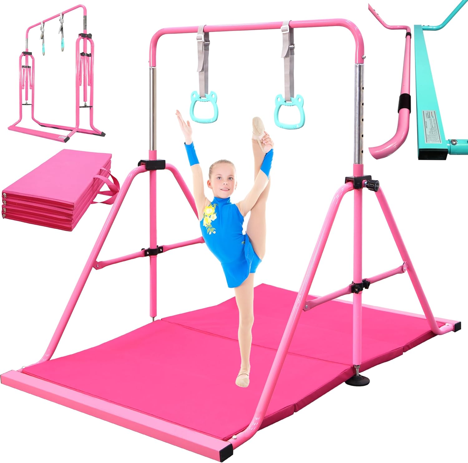 PreGymnastic Folding Gymnastics Bar with Rings, Foldable Kip Bar with Sturdier Base, Training Bar for Kids Ages 3-10, Horizontal Bar, Home Gym Equipment for Boy Girl