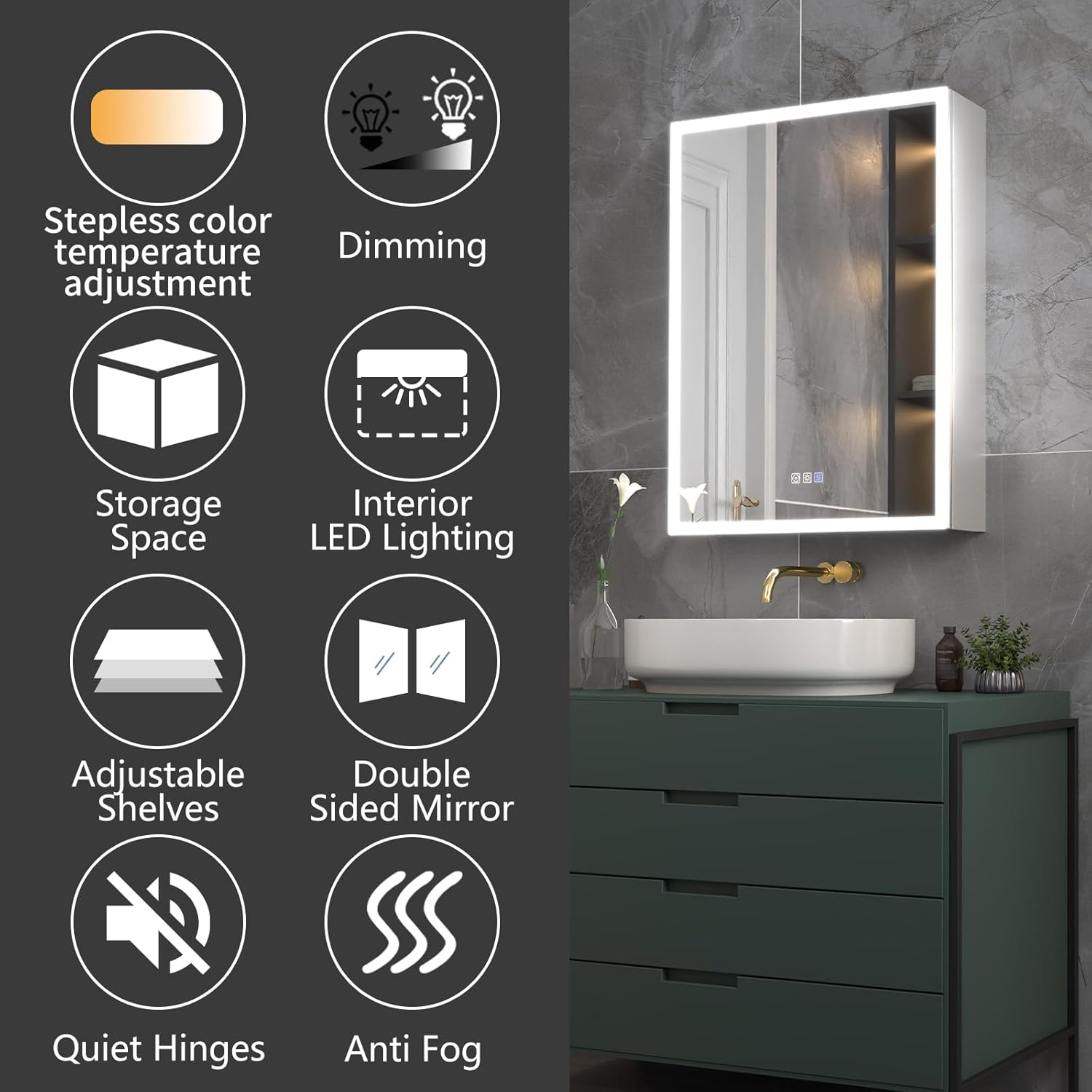 ExBrite 24"x32" Lighted Medicine Cabinet, Recessed/Surface LED Mirror Cabinet with Defog, Stepless Dimming,Built-in Dual 1800W Power Outlets & 6000K Sensor Light,Left Hinge