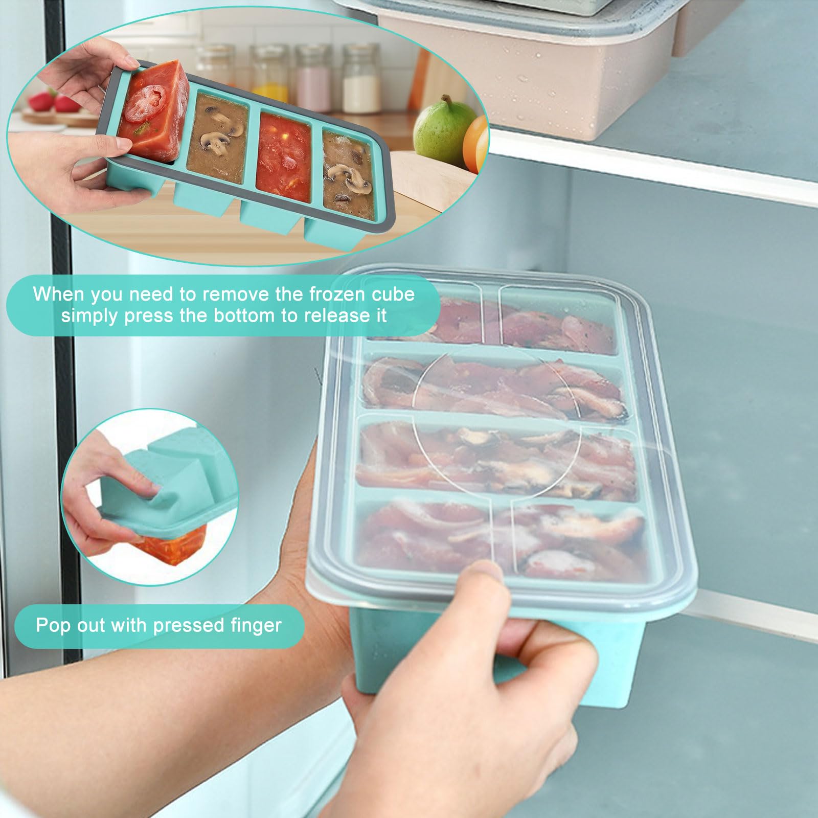 Confezione da 3 contenitori per congelatore con coperchio, in silicone, 4 scomparti (porzioni da 1 l, 250 ml), senza BPA, adatti al congelatore al forno, per cucinare in lotti e controllare le