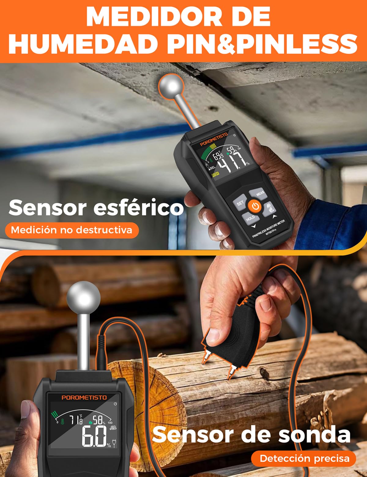 2 EN 1 POROMETISTO Medidor De Humedad WTS01PRO | Pin & pinless pared humedad, escaneo 20-40mm sin daños, mide temp./humedad ambiente. Para madera, paredes, parque