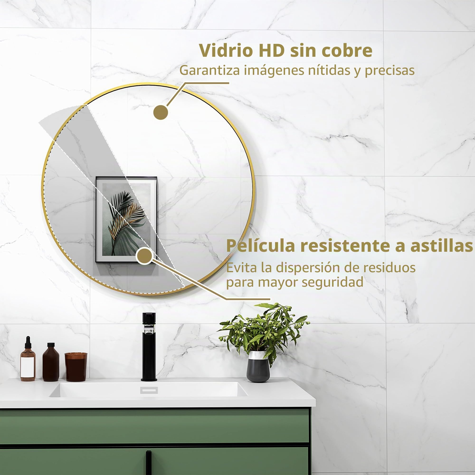 HOMCOM Espejo de baño Redondo con Marco 70x70 cm Dorado