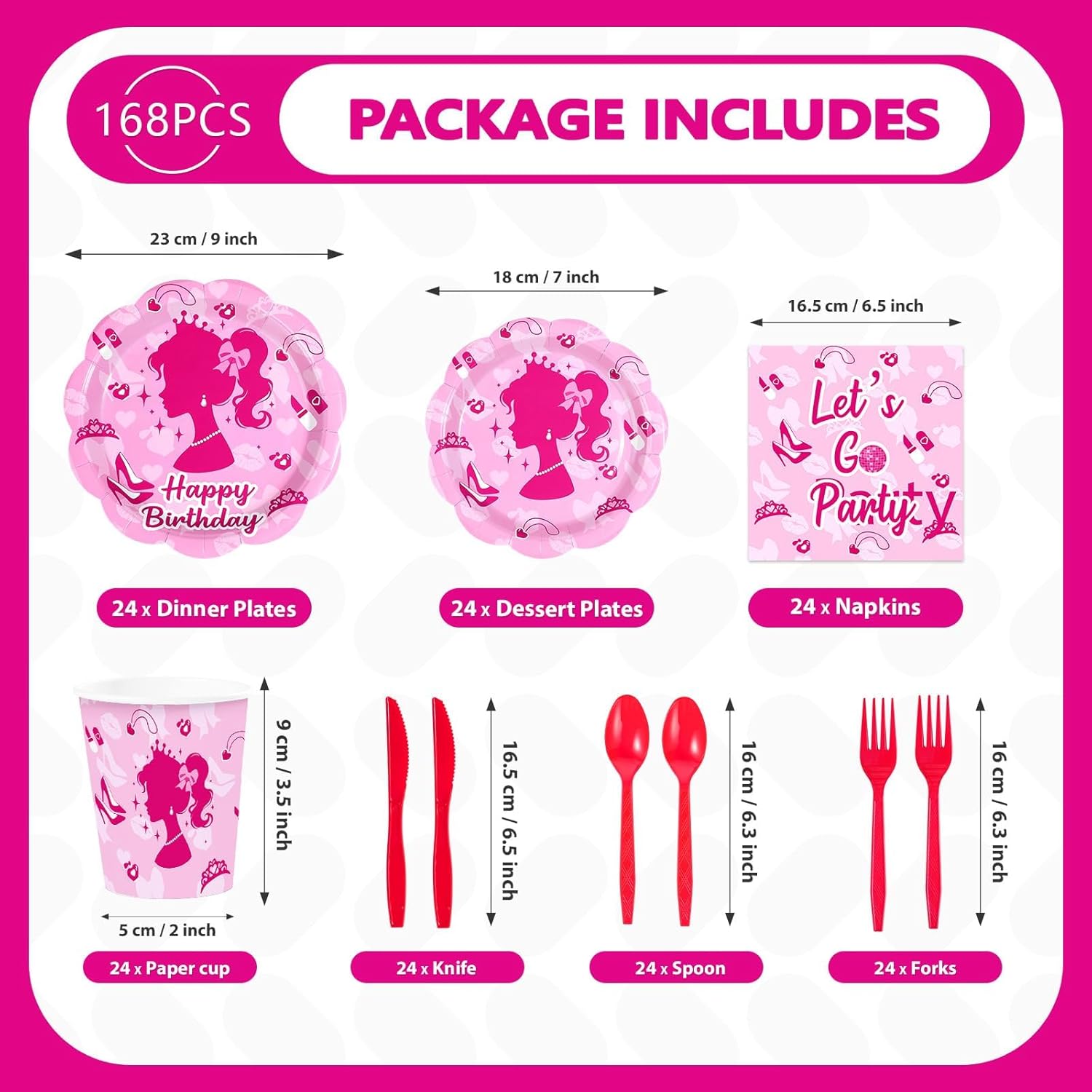 168Pcs Pink Girl Party Supplies Hot Pink Birthday Plates and Napkins Pink Princess Decorations Tableware Set for Girl Doll Theme Party Supplies，Serves 24 - Image 2