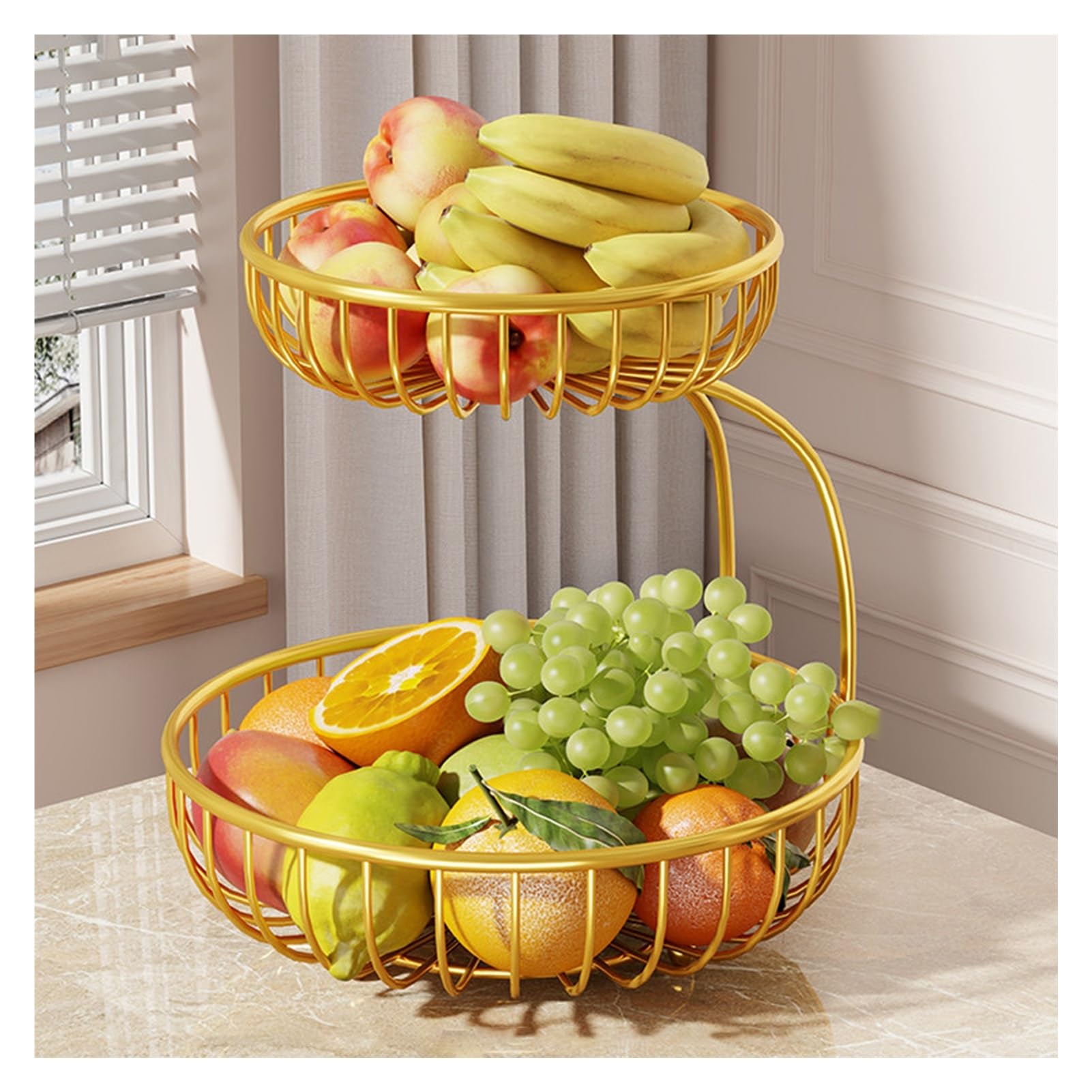 XCSDEW Wrought Iron Fruit Rack,Double-layer Shelf,Openwork Snack Organizer,Suitable for Hotels and Living Rooms(Gold,29x29x24cm)