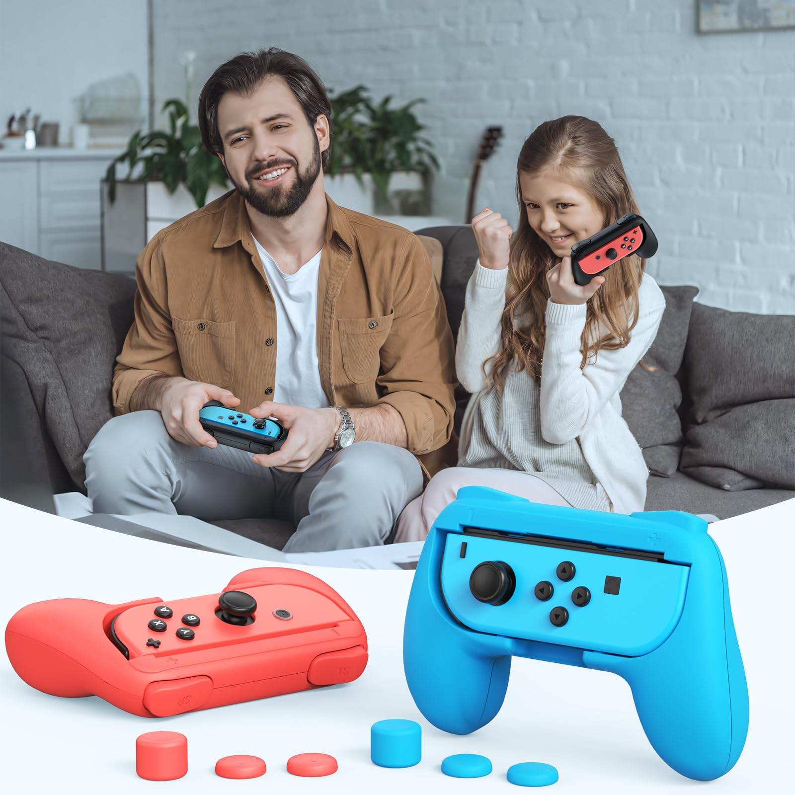 FASTSNAIL Lot de 4 Poignées Compatible avec Nintendo Switch&OLED, Grip Compatible avec JoyCon Interrupteur avec 12 Capuchons de Préhension pour Pouce(Noir, Bleu et Rouge)