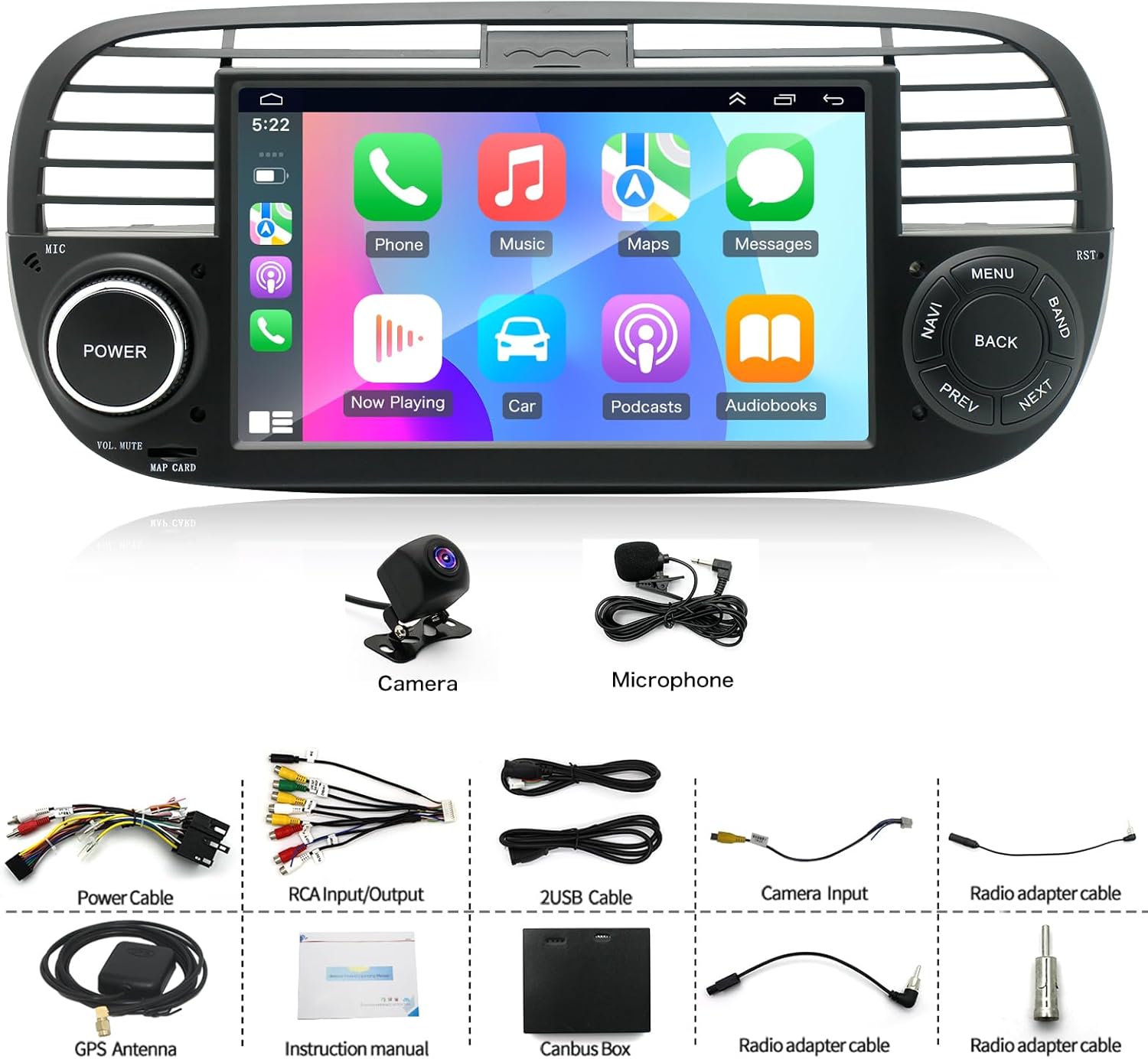 Android 14 Car Stereo Radio for Fiat 500 2007-2015, 4+64G Radio with Wireless CarPlay/Android Auto, 7" IPS HD Touch Screen Radio with WiFi/GPS/Bluetooth/FM/USB/SWC/Backup Camera/Mic