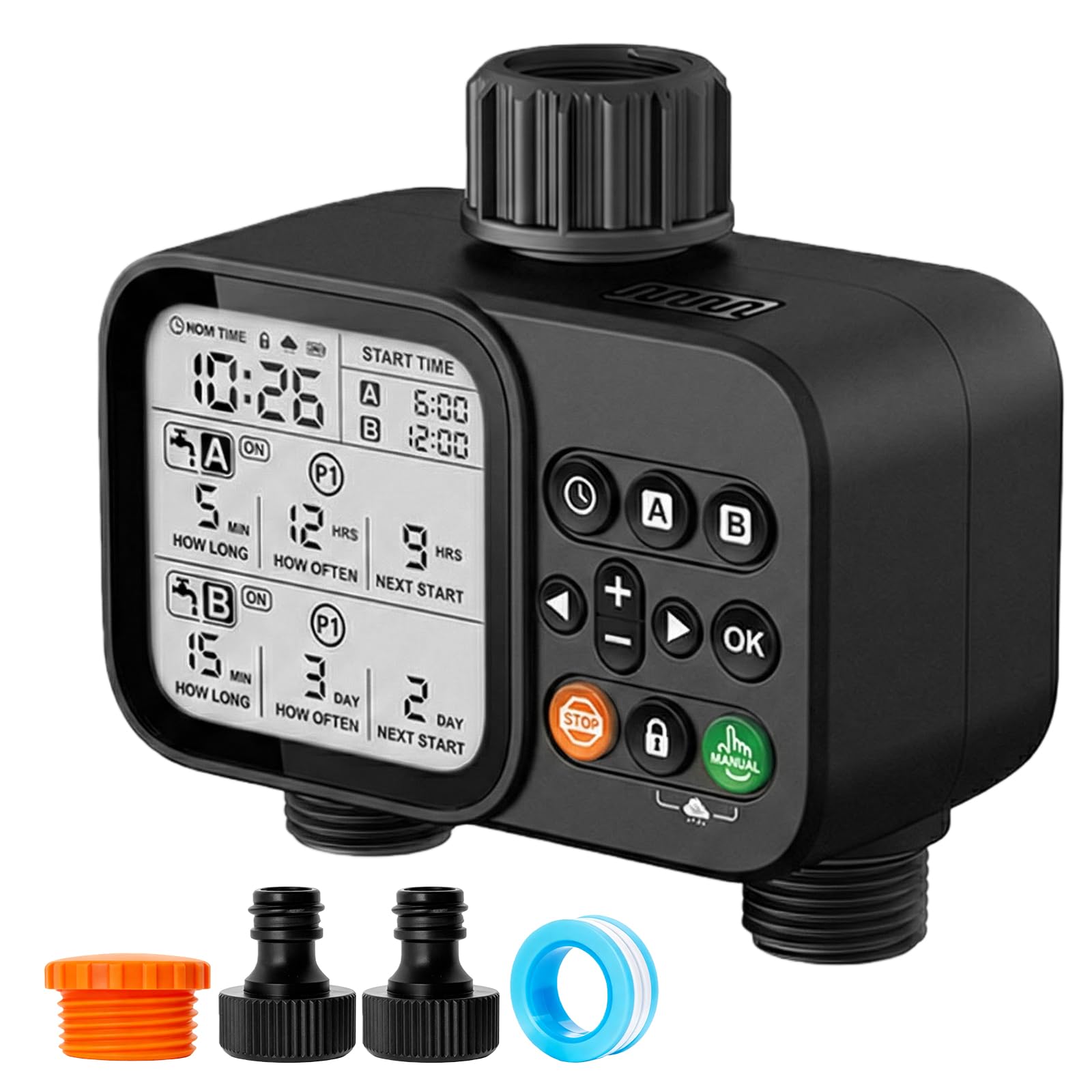 Programmateur Arrosage Étanche IP54 2 Sorties, Minuteur Arrosage Automatique avec Retard de Pluie et Grand Écran LCD